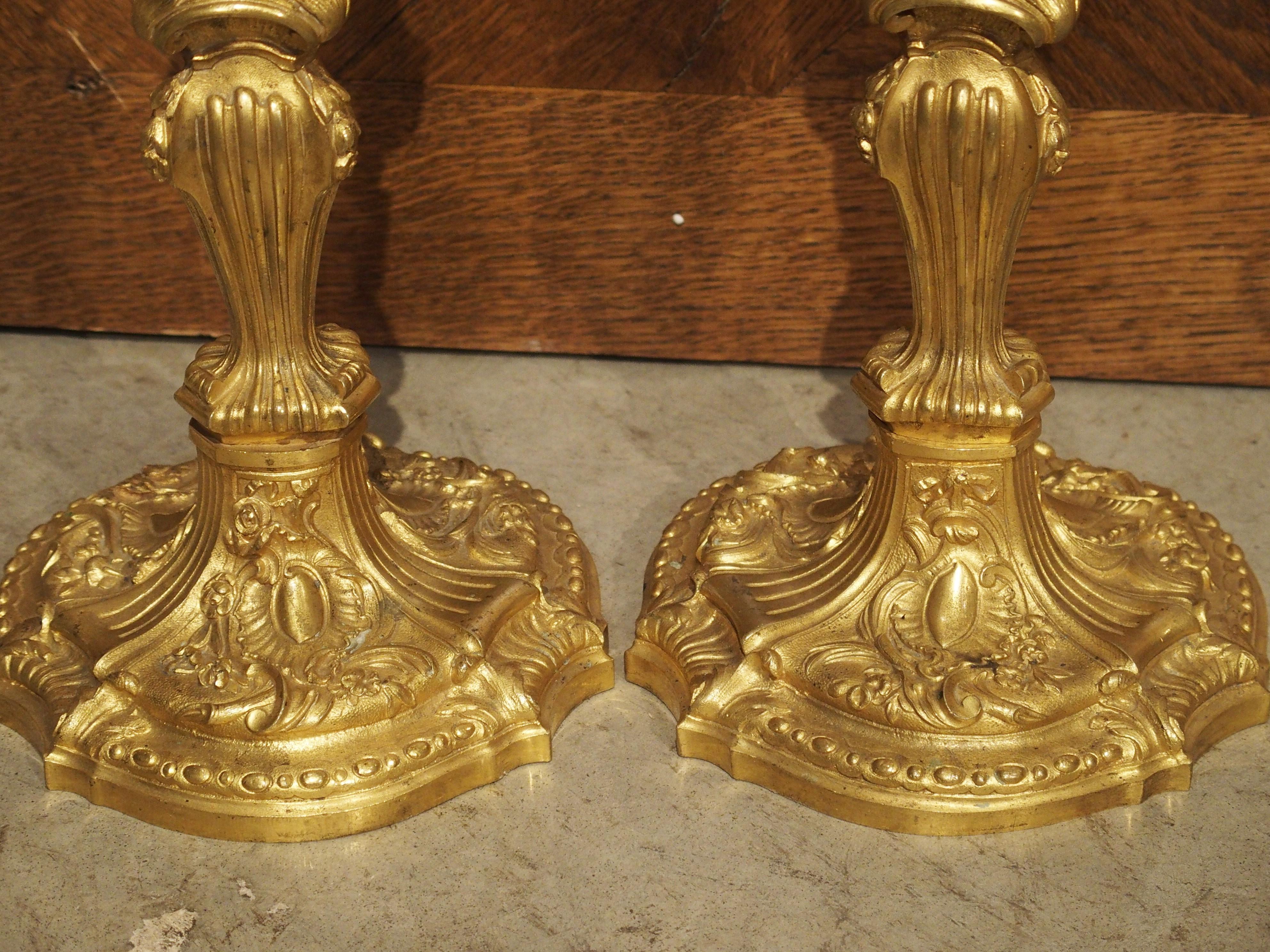 Pair of French Louis XV Style Gilt Bronze Candlesticks, 19th Century 11