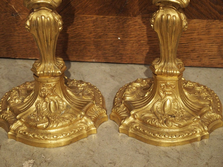Pair of French Louis XV Style Gilt Bronze Candlesticks, 19th Century For Sale 11