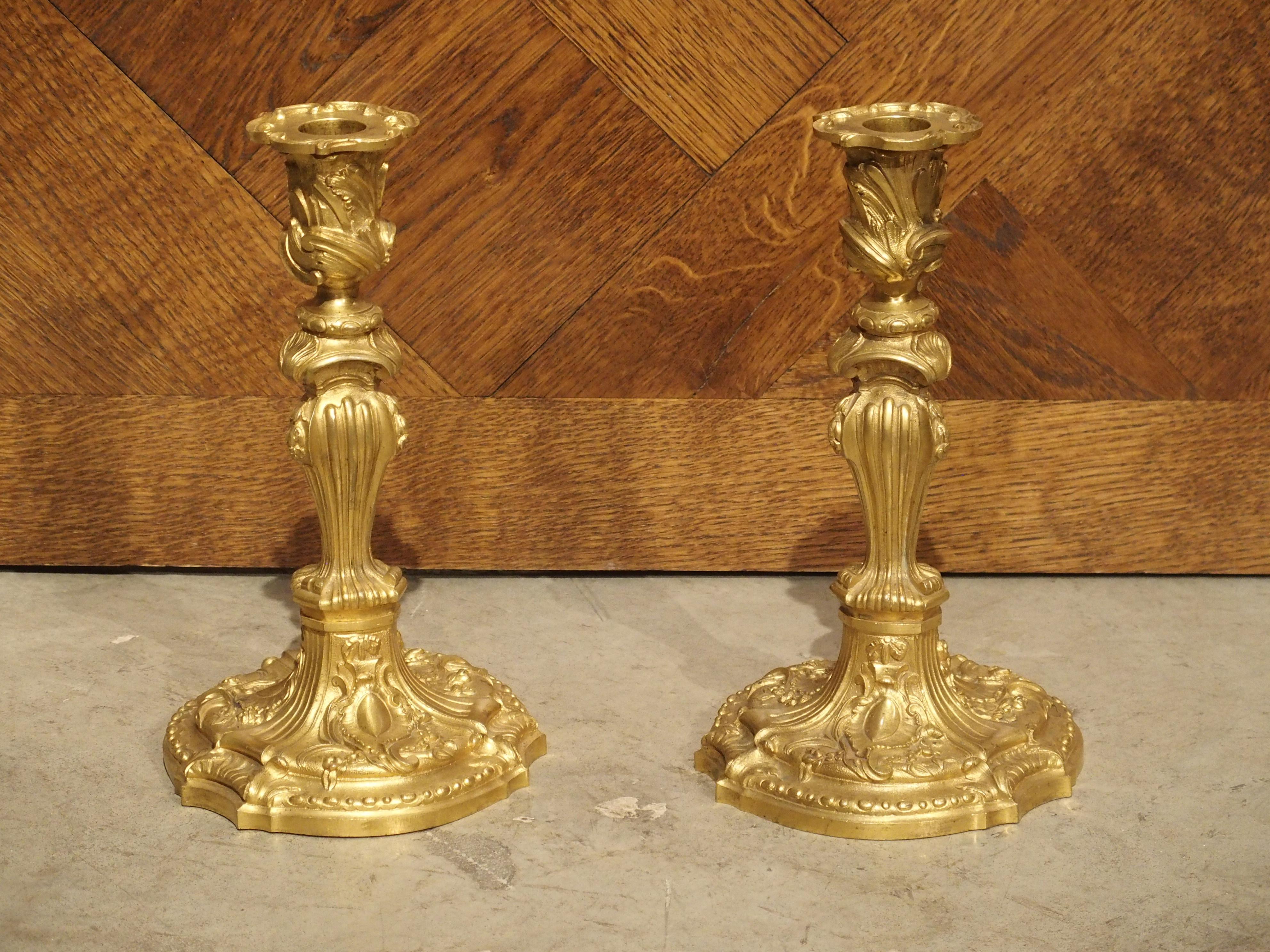 Pair of French Louis XV Style Gilt Bronze Candlesticks, 19th Century 12