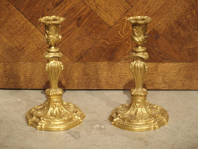 Pair of French Louis XV Style Gilt Bronze Candlesticks, 19th Century For Sale 12