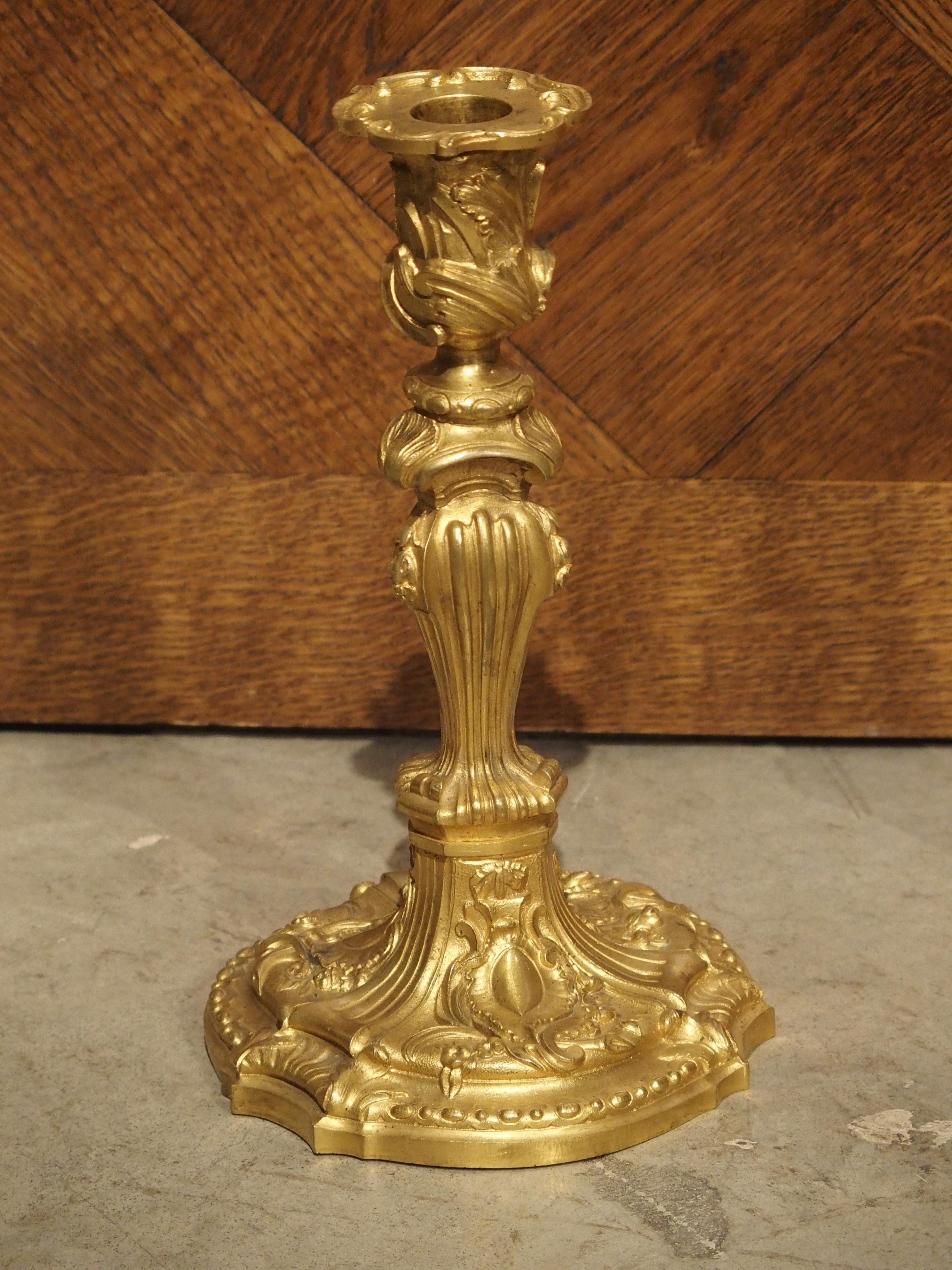 Pair of French Louis XV Style Gilt Bronze Candlesticks, 19th Century In Good Condition In Dallas, TX
