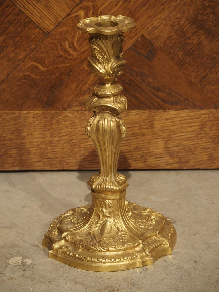 Pair of French Louis XV Style Gilt Bronze Candlesticks, 19th Century For Sale 1