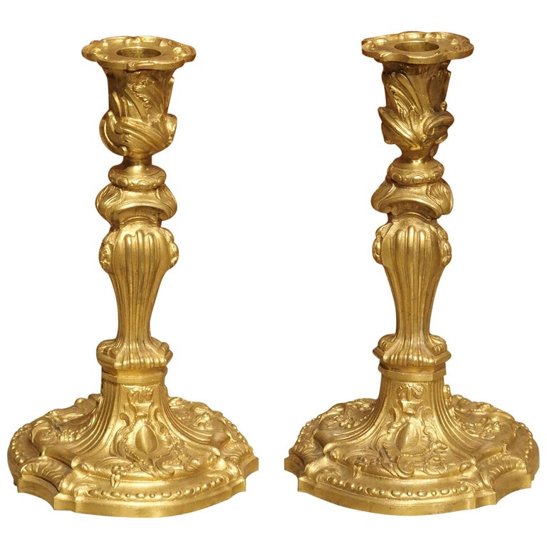 Pair of French Louis XV Style Gilt Bronze Candlesticks, 19th Century For Sale