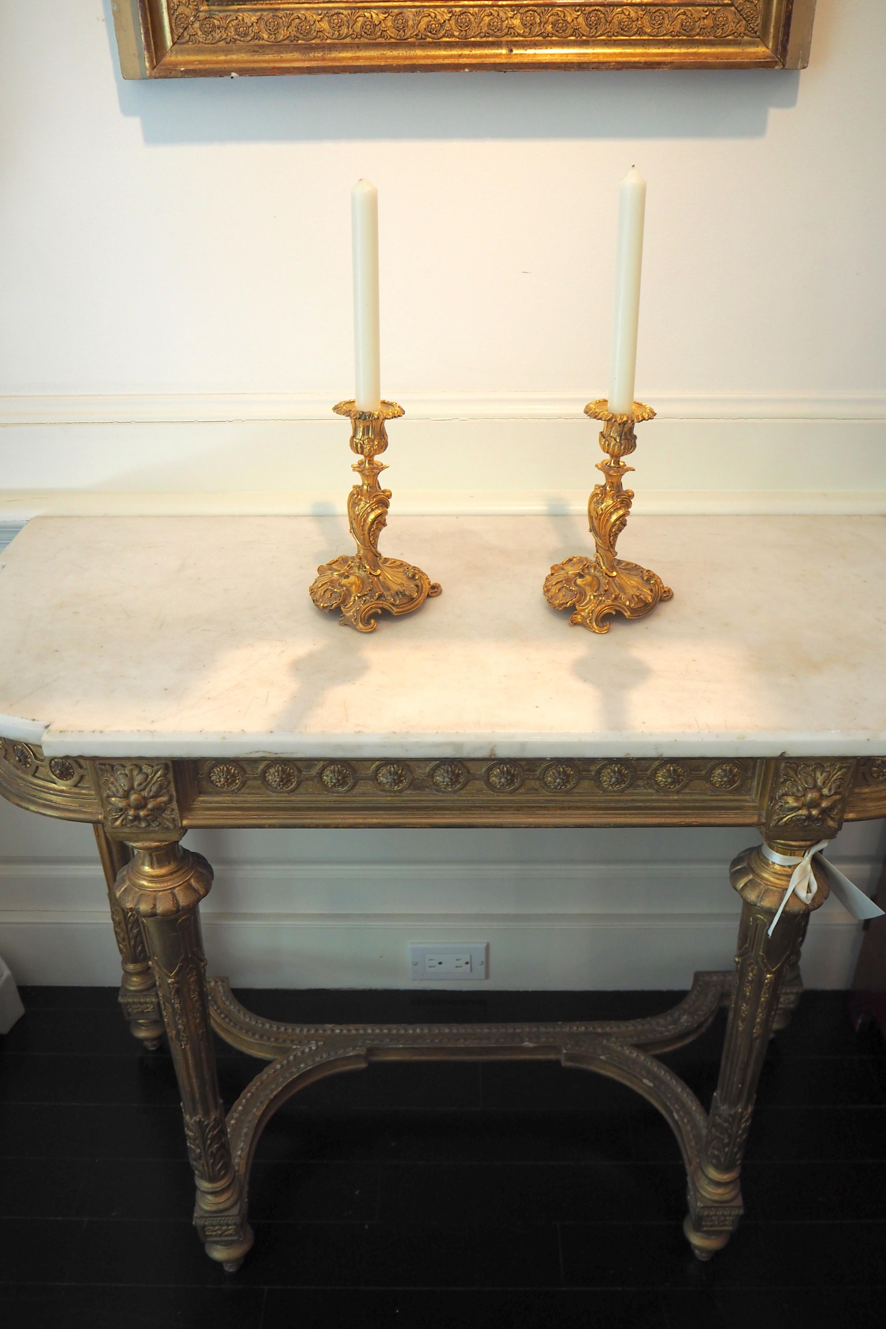 Pair of French Louis XV Style Gilt Bronze Candlesticks 12