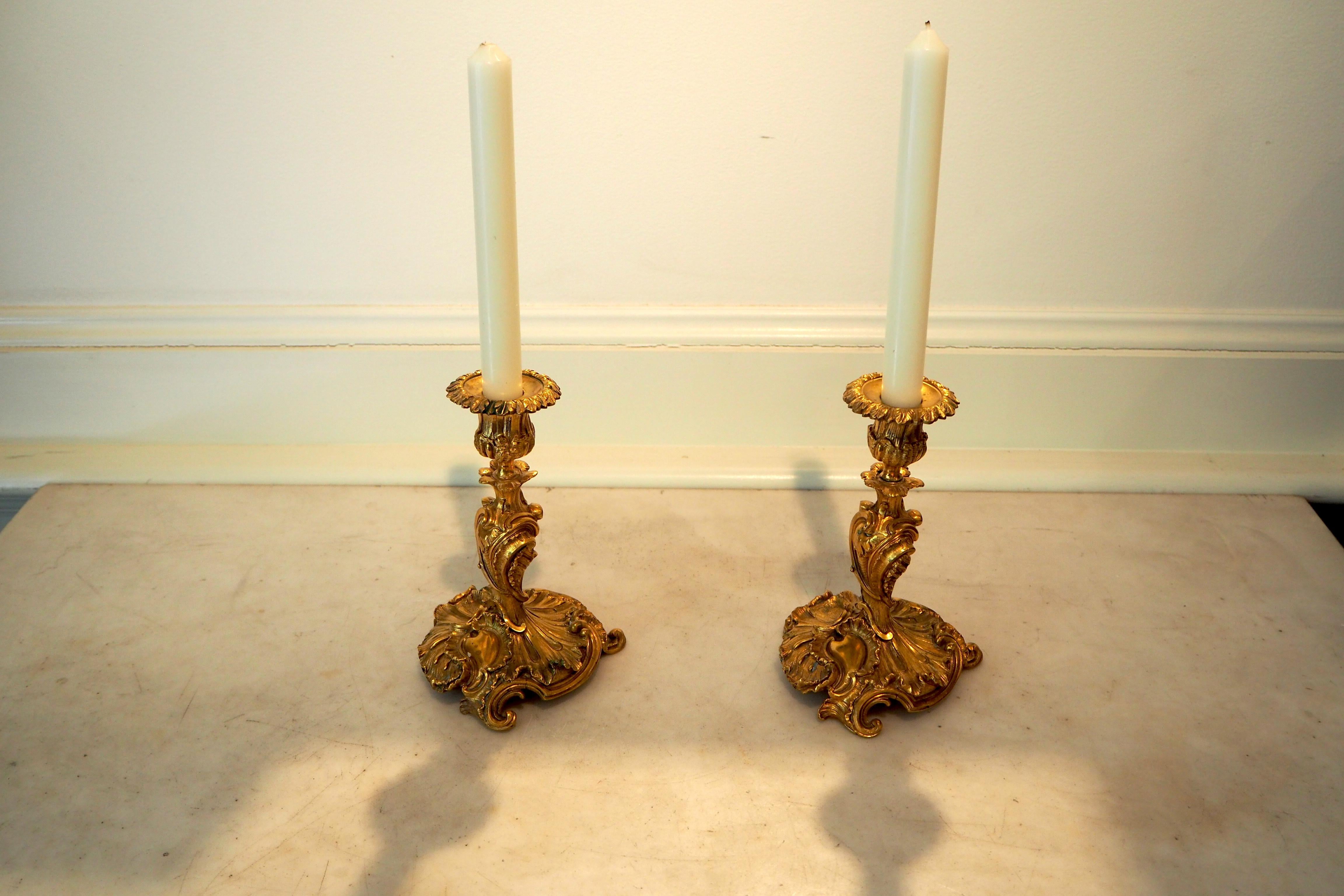 Pair of French Louis XV Style Gilt Bronze Candlesticks 13