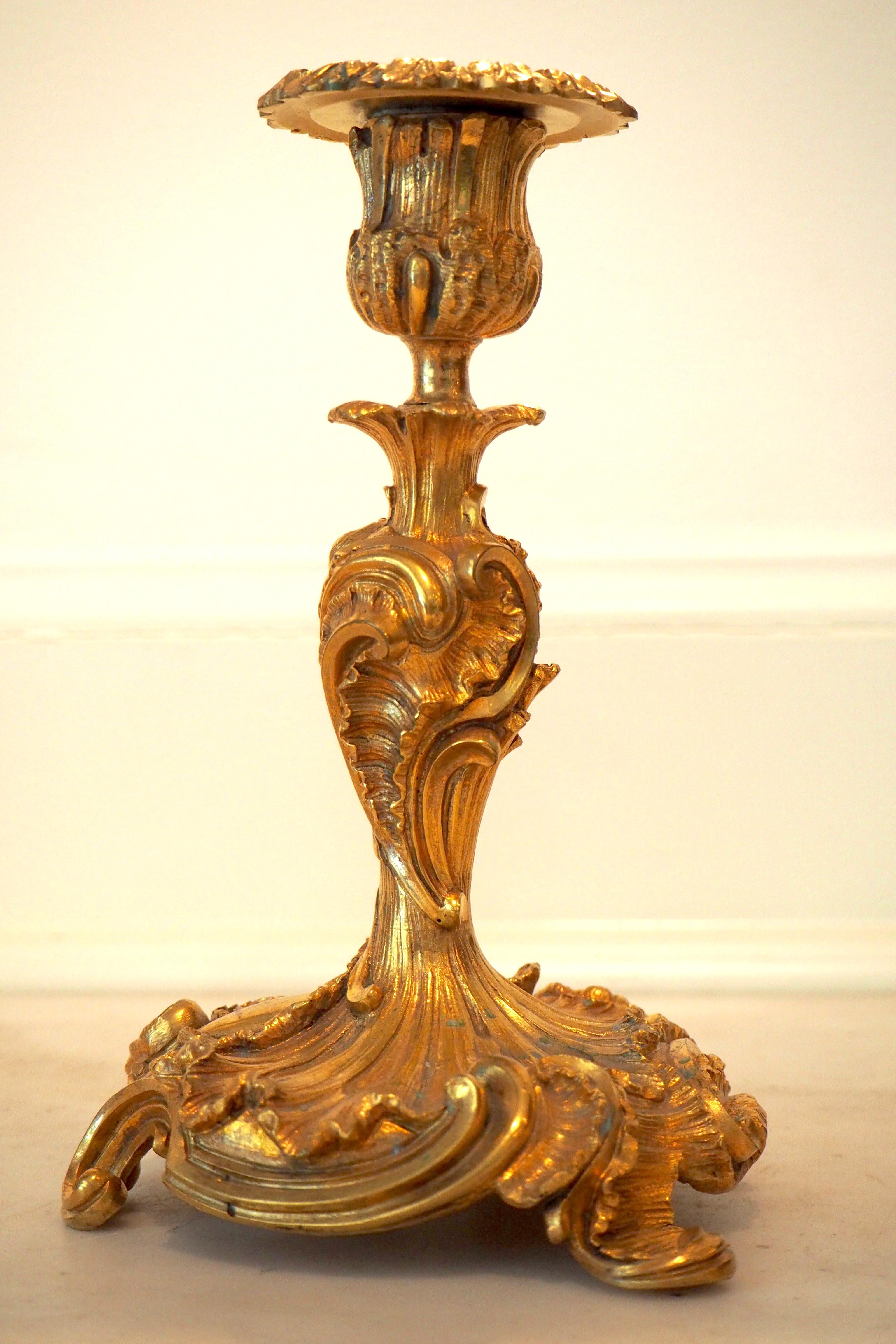 Pair of French Louis XV Style Gilt Bronze Candlesticks In Good Condition In Montreal, Quebec