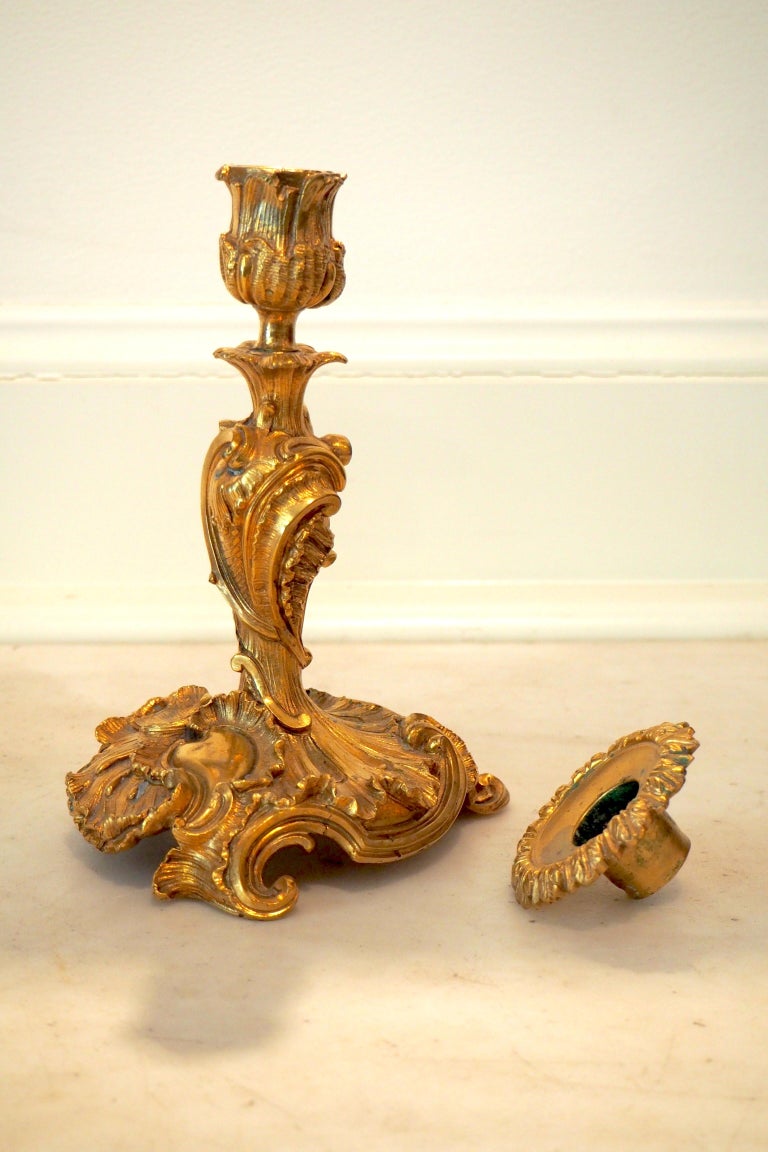 19th Century Pair of French Louis XV Style Gilt Bronze Candlesticks For Sale