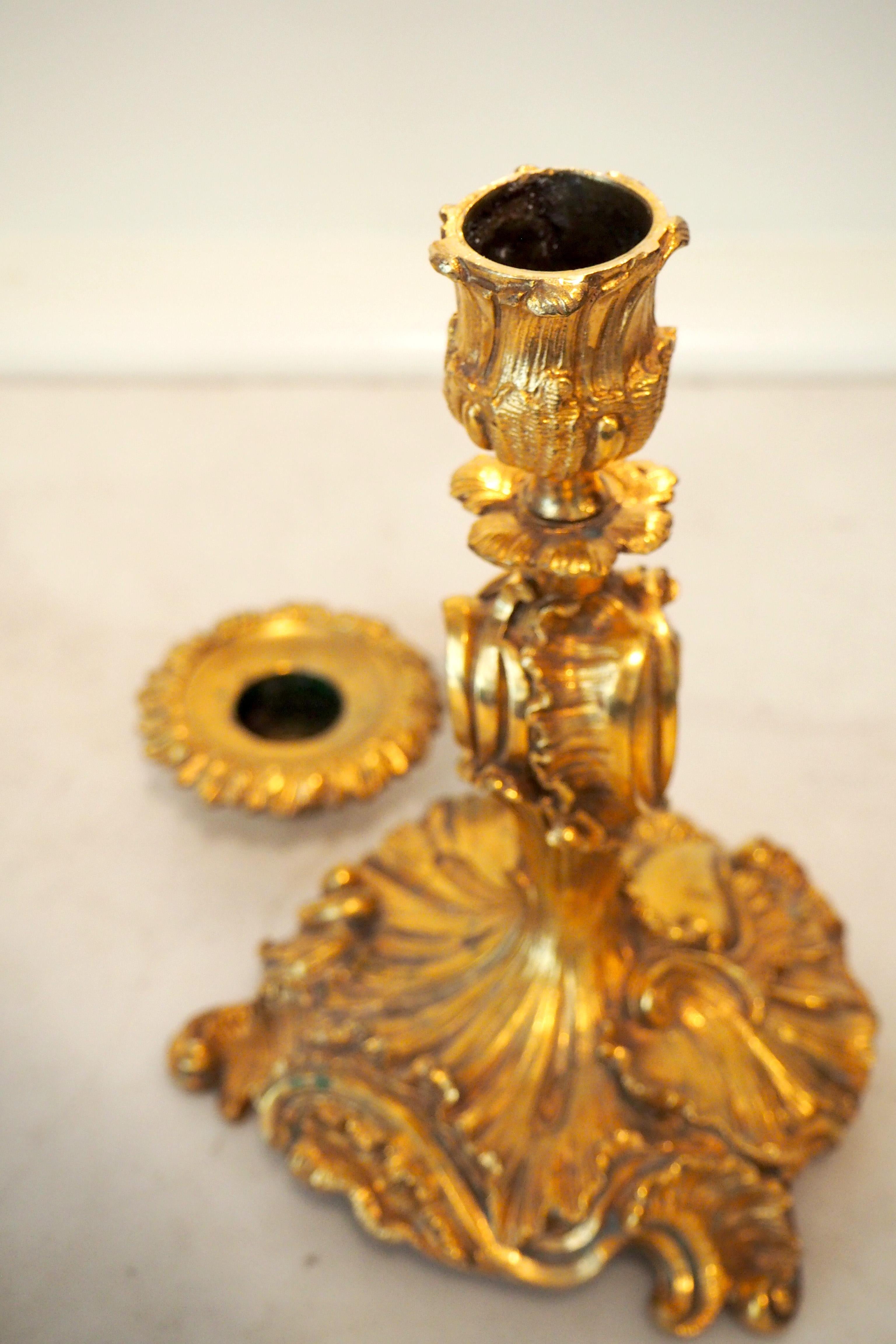 Pair of French Louis XV Style Gilt Bronze Candlesticks 1