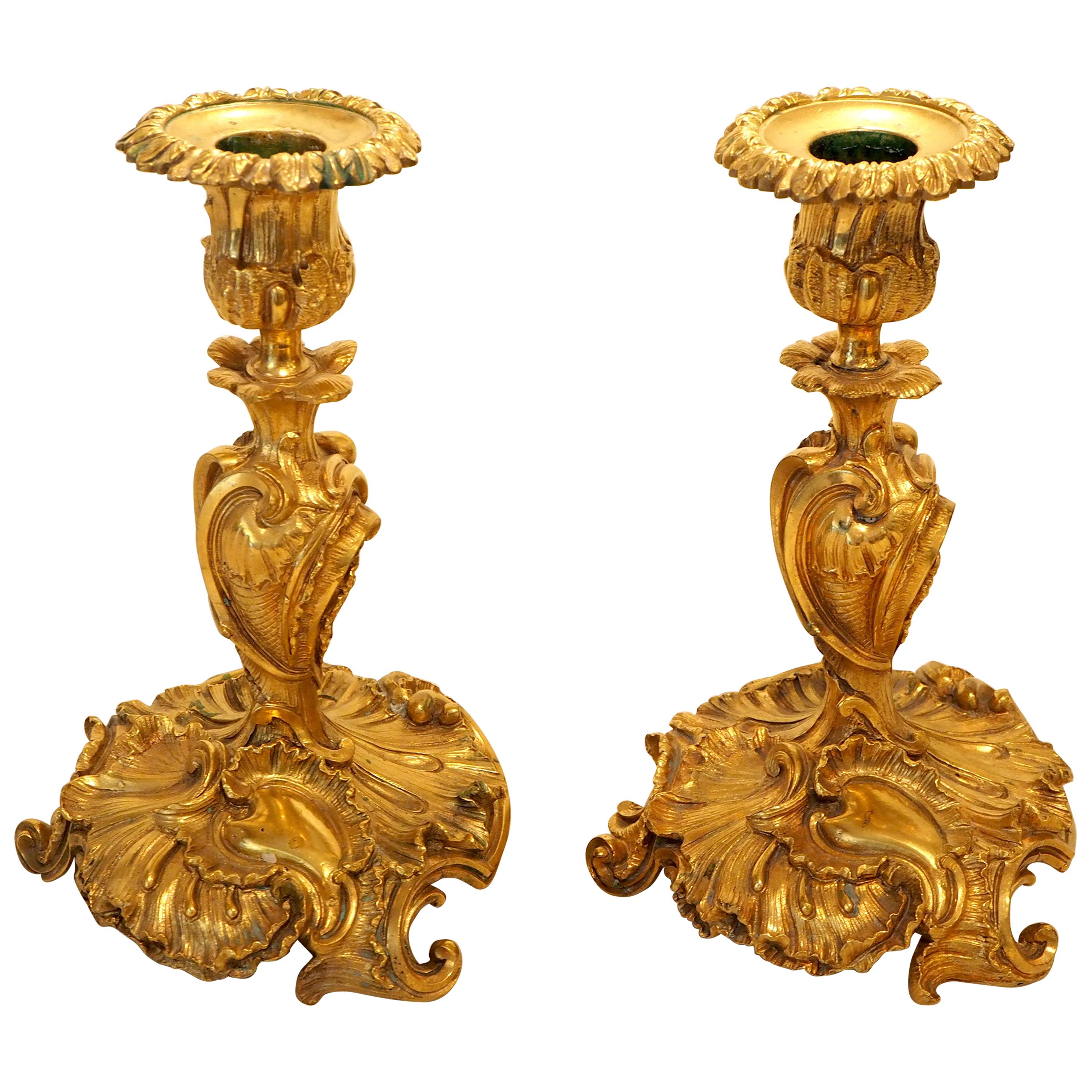 Pair of French Louis XV Style Gilt Bronze Candlesticks