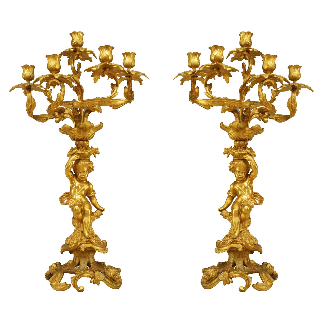 Pair of French Louis XV Style Gilt Bronze Cupid Candelabras