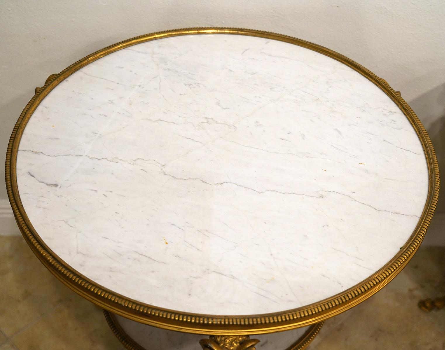 French Louis XV Style Gilt Bronze Marble-Top Guéridon Tables, 19th Century, Pair In Good Condition In Ft. Lauderdale, FL