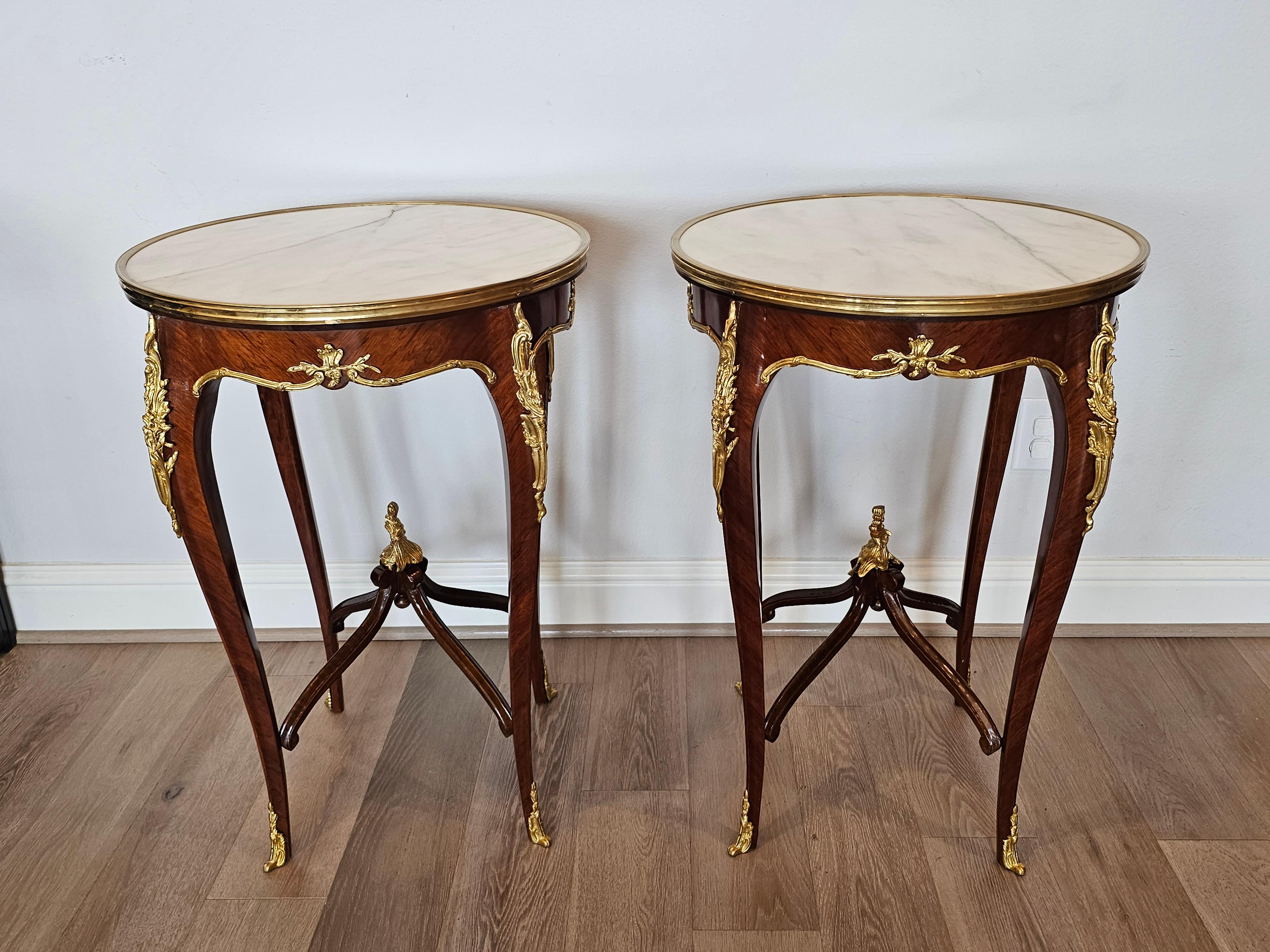 20th Century Pair of French Louis XV Style Gilt Bronze Mounted Kingwood Side Tables For Sale