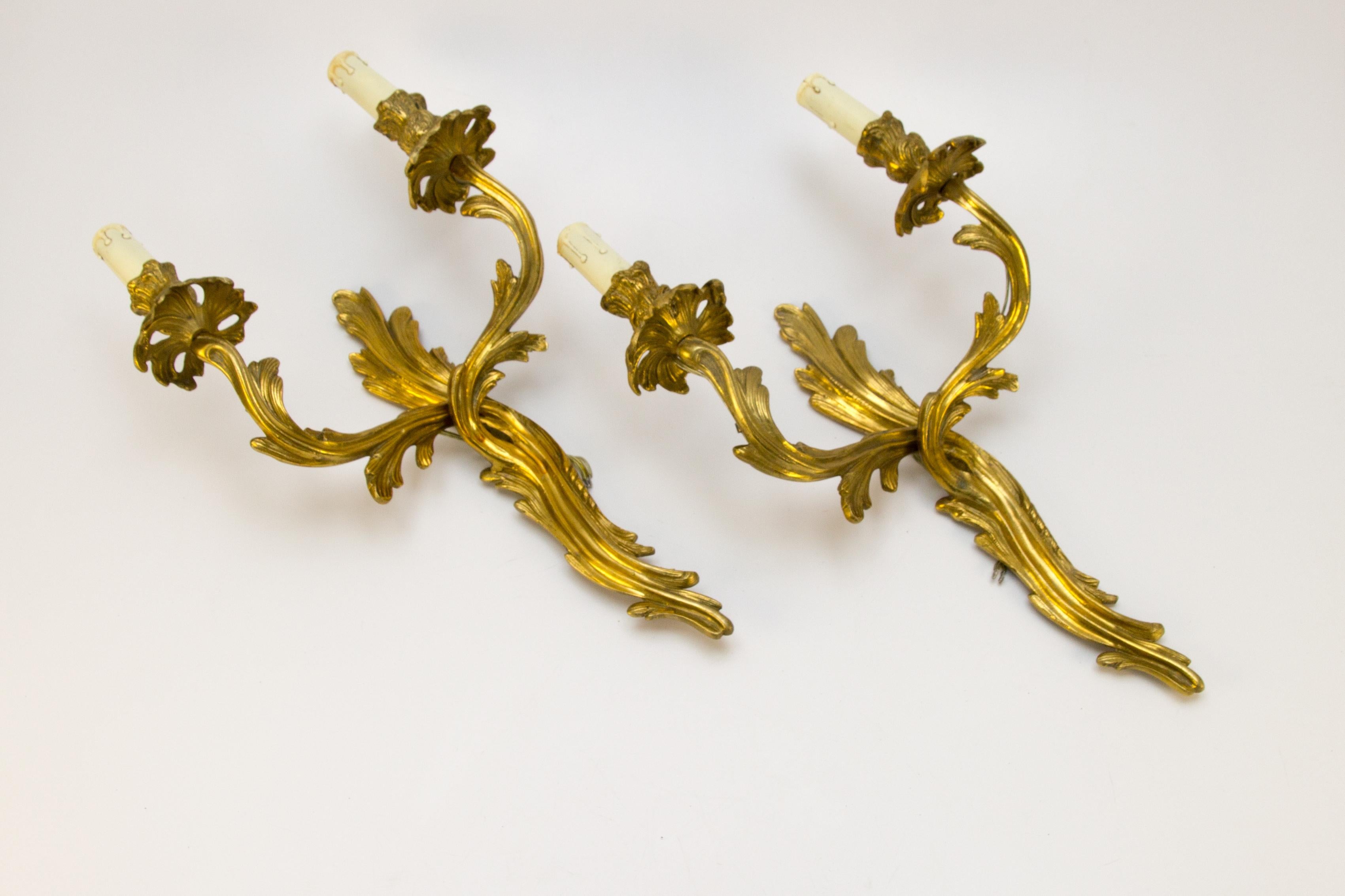 Pair of French Louis XV Style Two-Light Gilt Bronze Sconces, 1930s 12