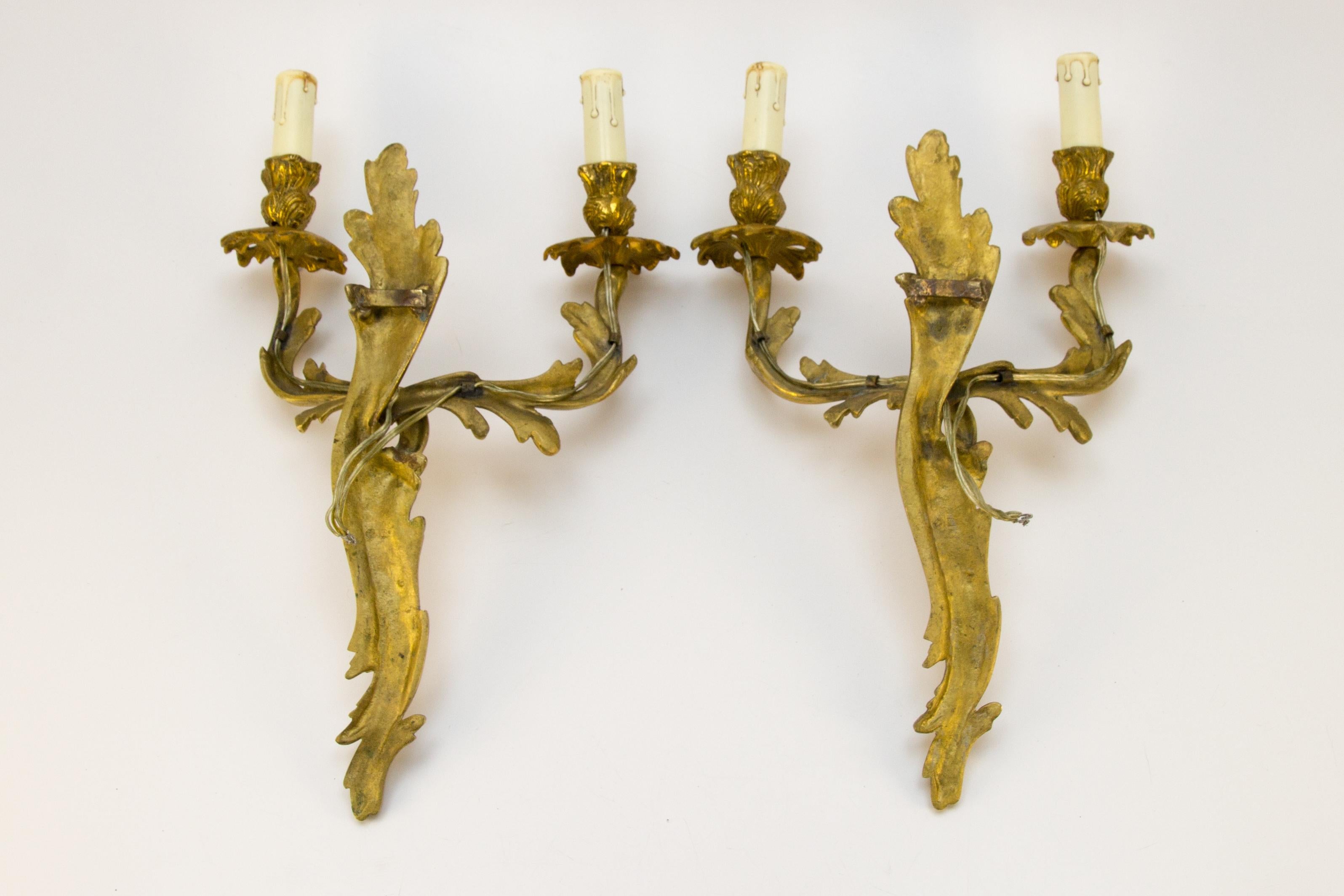 Pair of French Louis XV Style Two-Light Gilt Bronze Sconces, 1930s 13