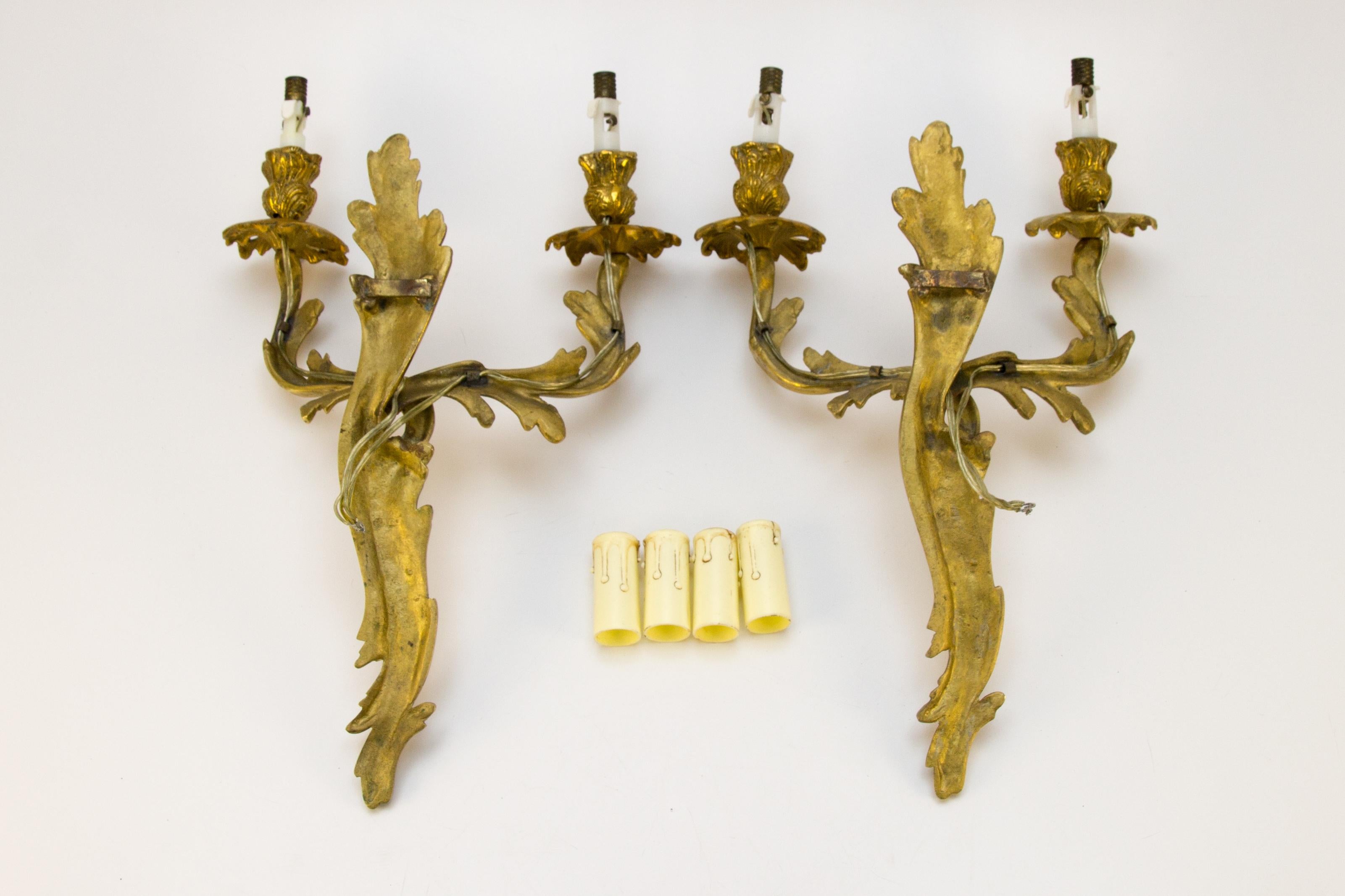 Pair of French Louis XV Style Two-Light Gilt Bronze Sconces, 1930s 14