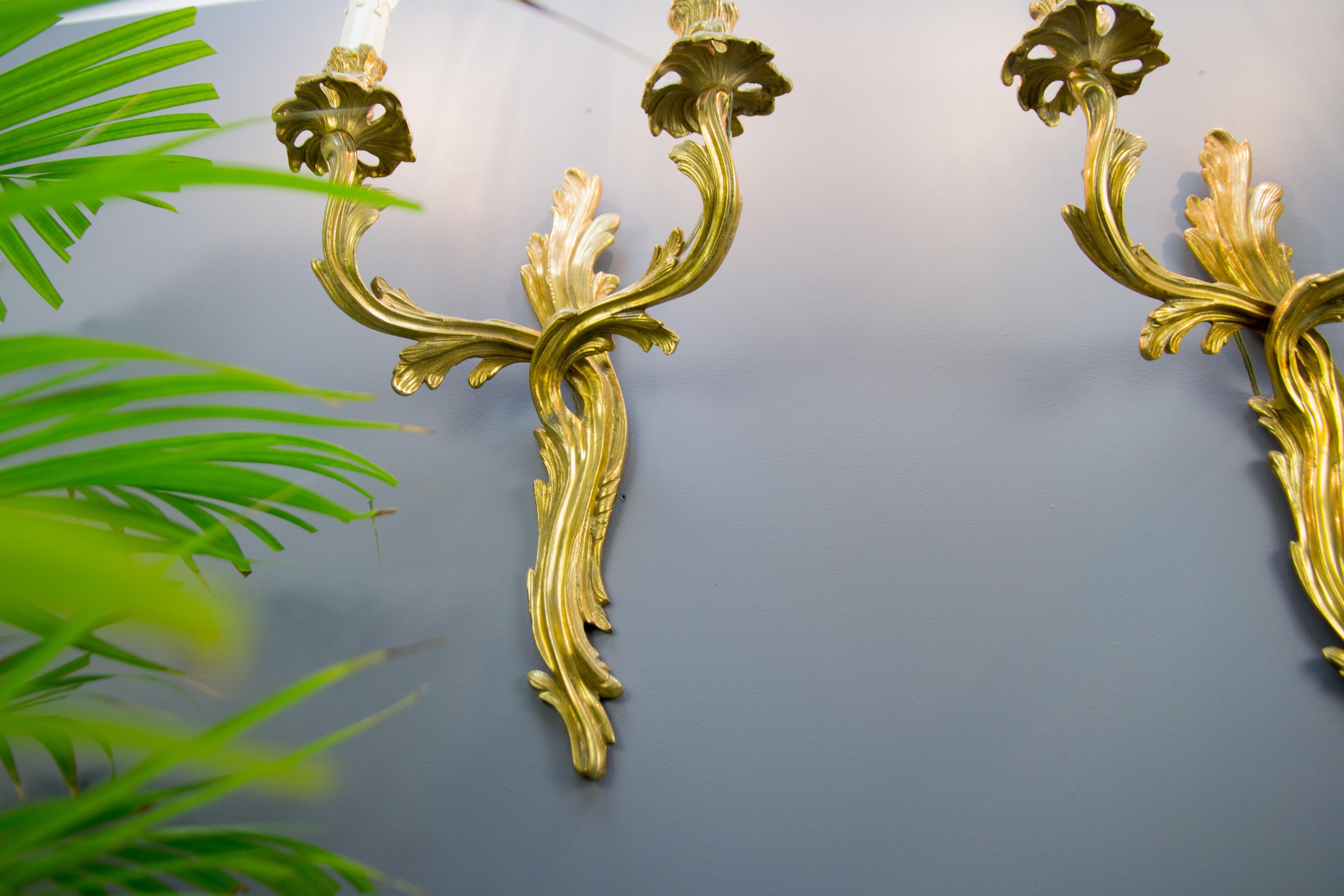 Pair of French Louis XV Style Two-Light Gilt Bronze Sconces, 1930s 2