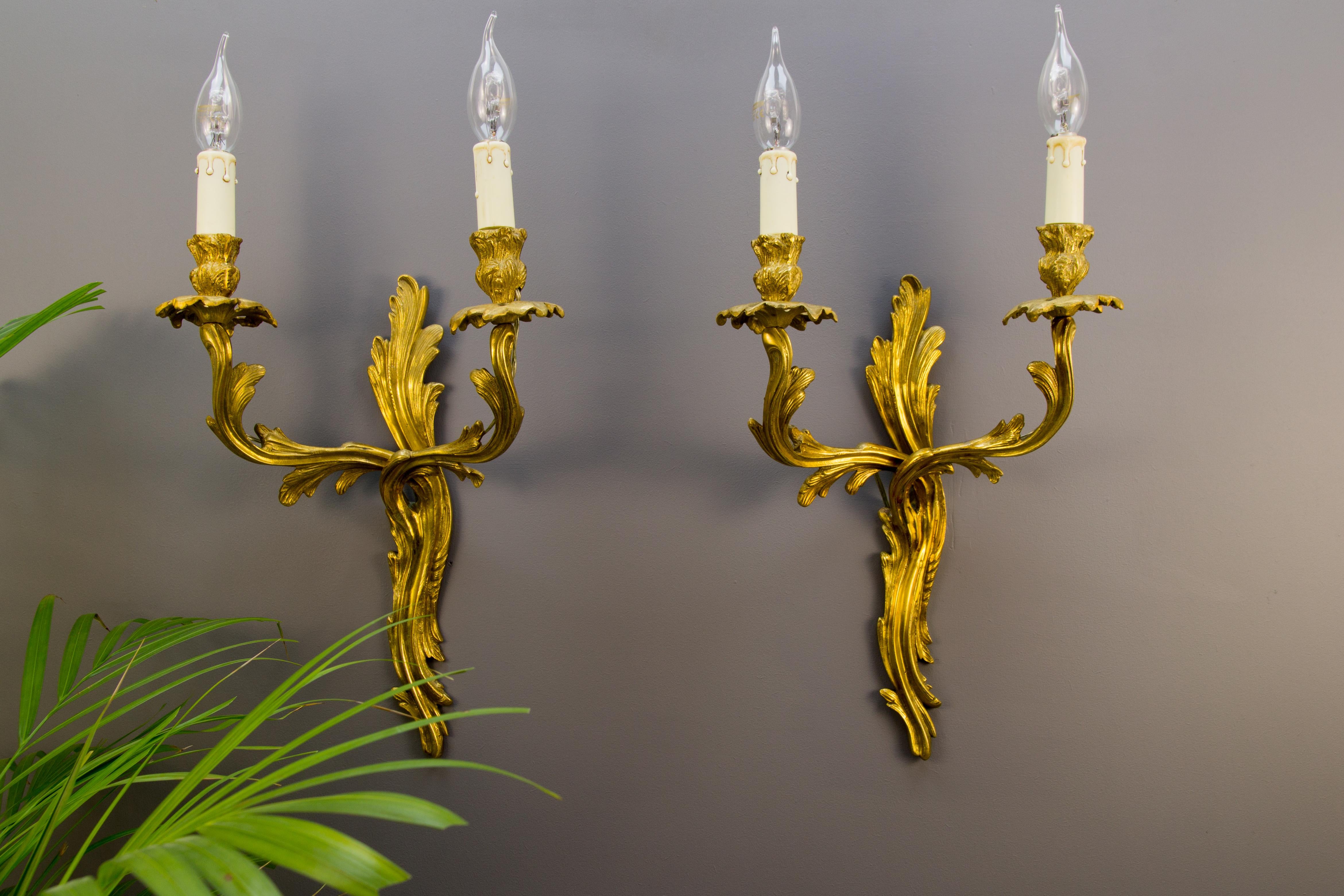 Pair of French Louis XV Style Two-Light Gilt Bronze Sconces, 1930s 1