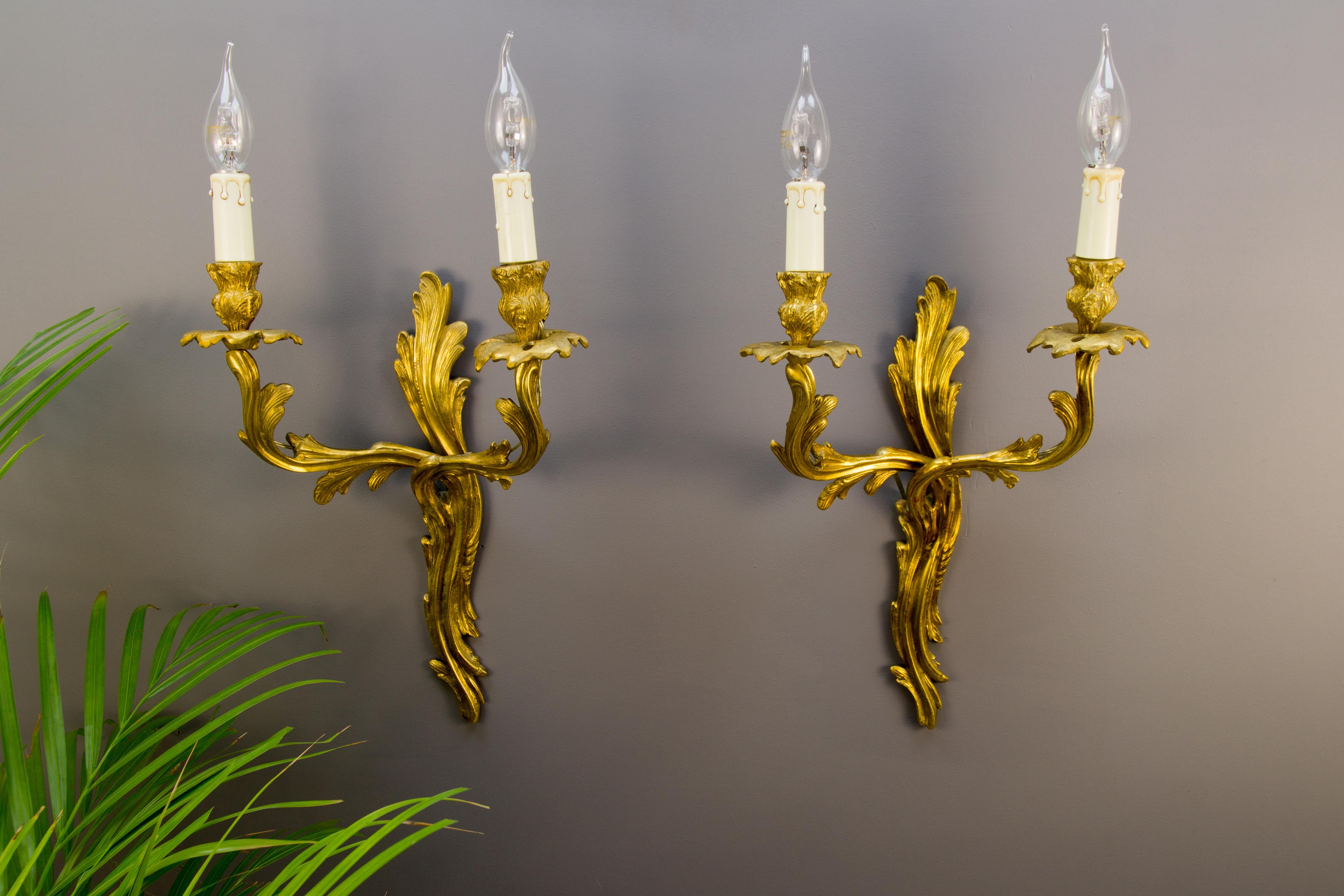 Pair of French Louis XV Style Two-Light Gilt Bronze Sconces, 1930s 15
