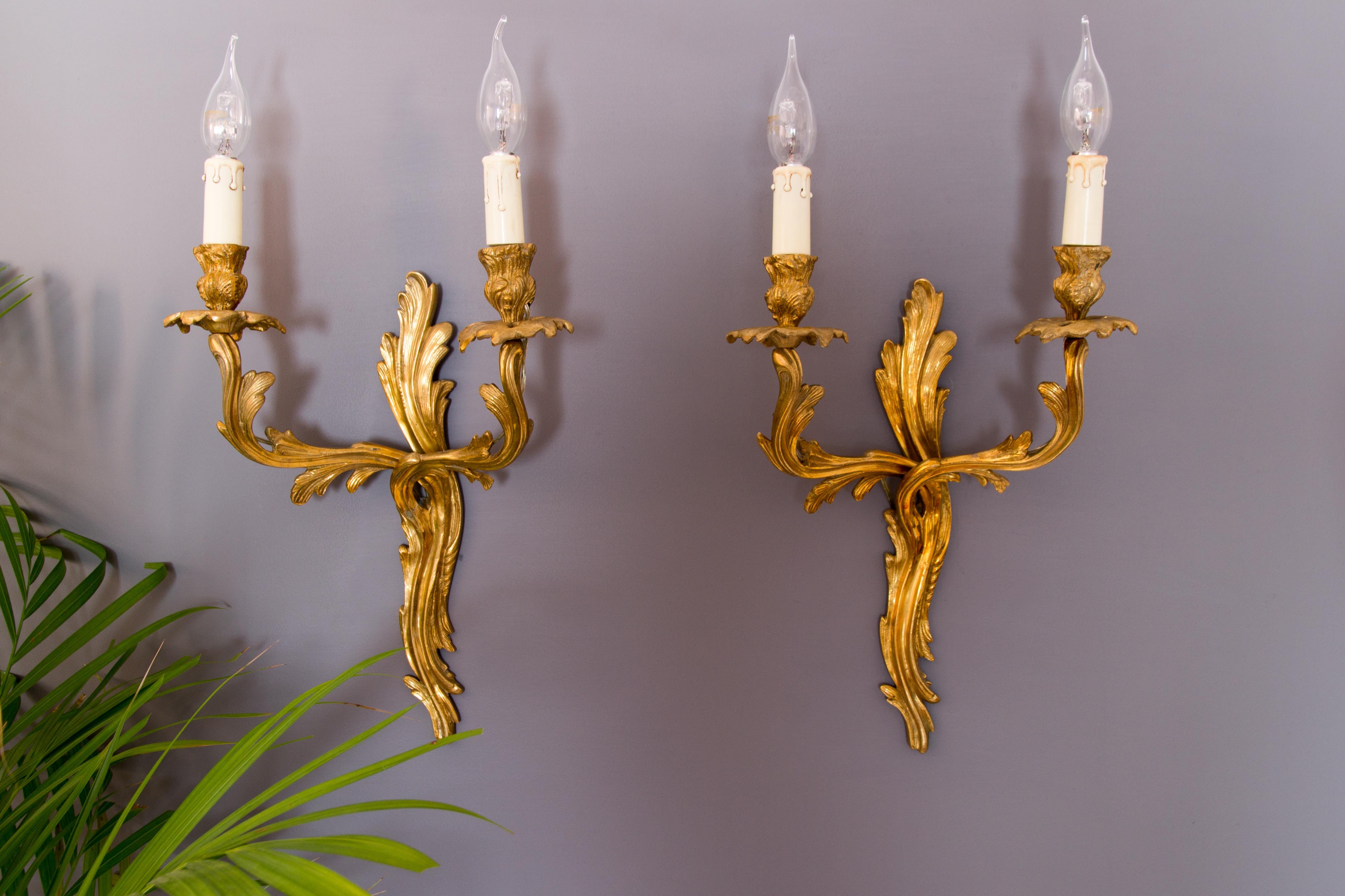 Large Louis XV French Rococo style two-arm sconces. Curvy asymmetrical acanthus leaf-like gilt bronze scrolls in Classic French Rococo style. Each arm has sockets for E14 size light bulbs. France, circa the 1930s.
Dimensions (each sconce without