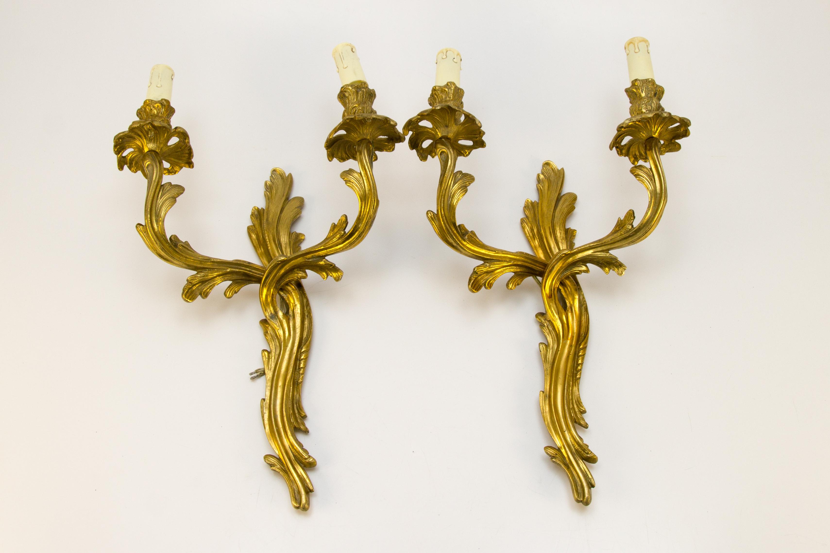 Pair of French Louis XV Style Two-Light Gilt Bronze Sconces, 1930s 5