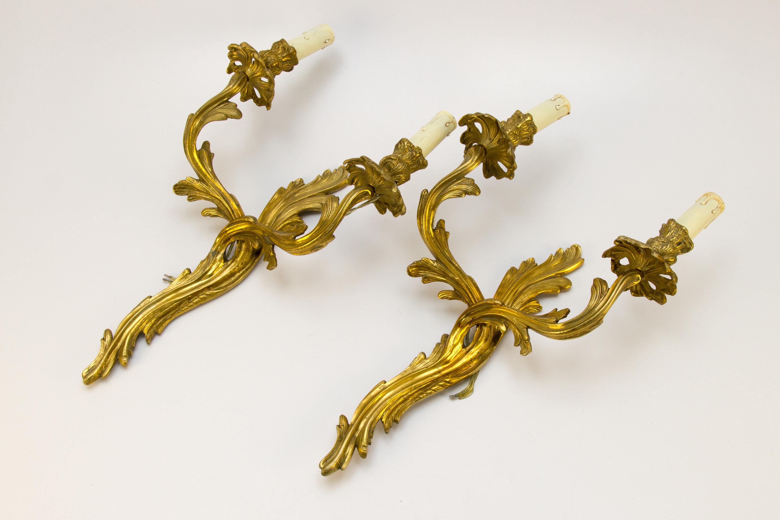 Pair of French Louis XV Style Two-Light Gilt Bronze Sconces, 1930s 6