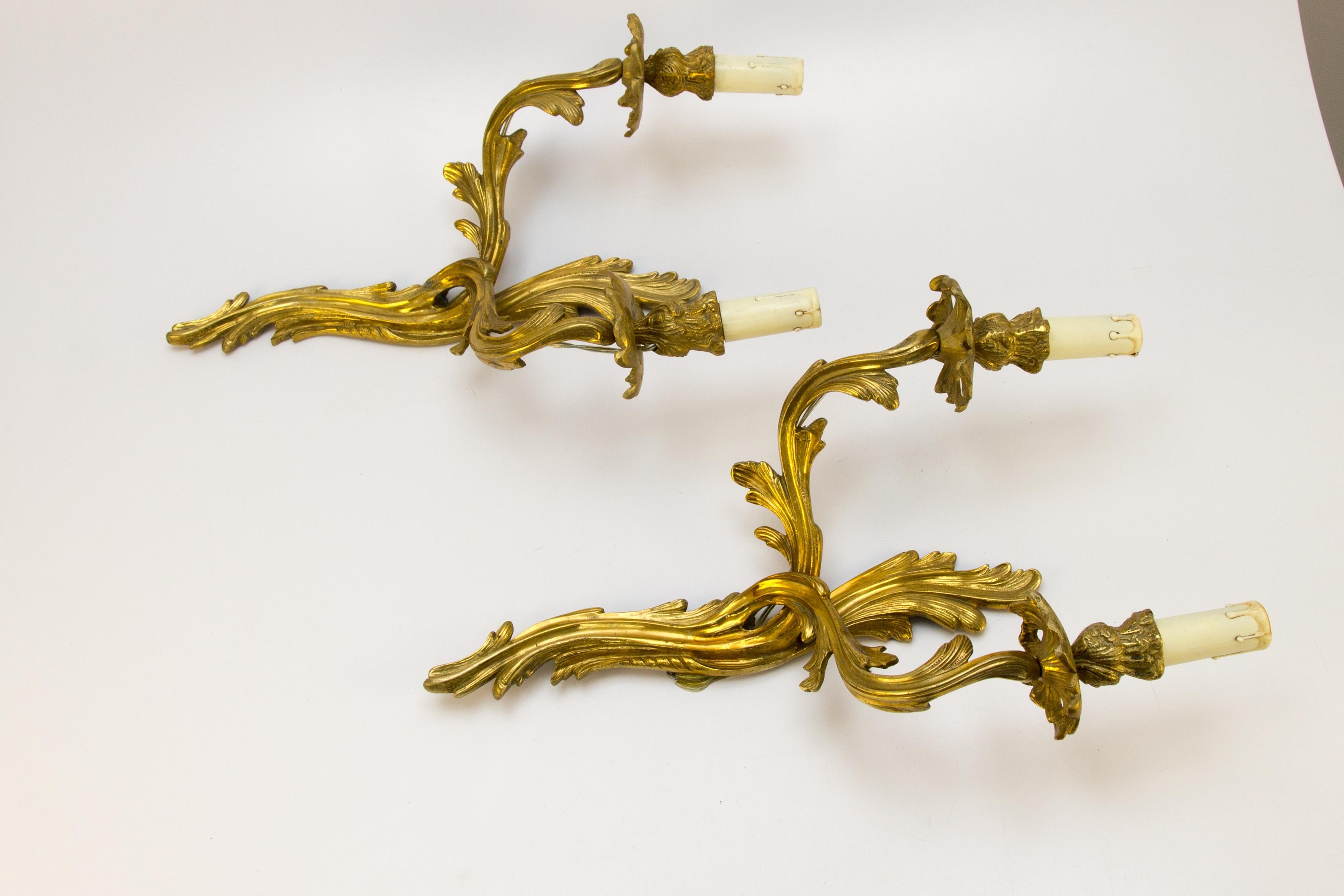 Pair of French Louis XV Style Two-Light Gilt Bronze Sconces, 1930s 7