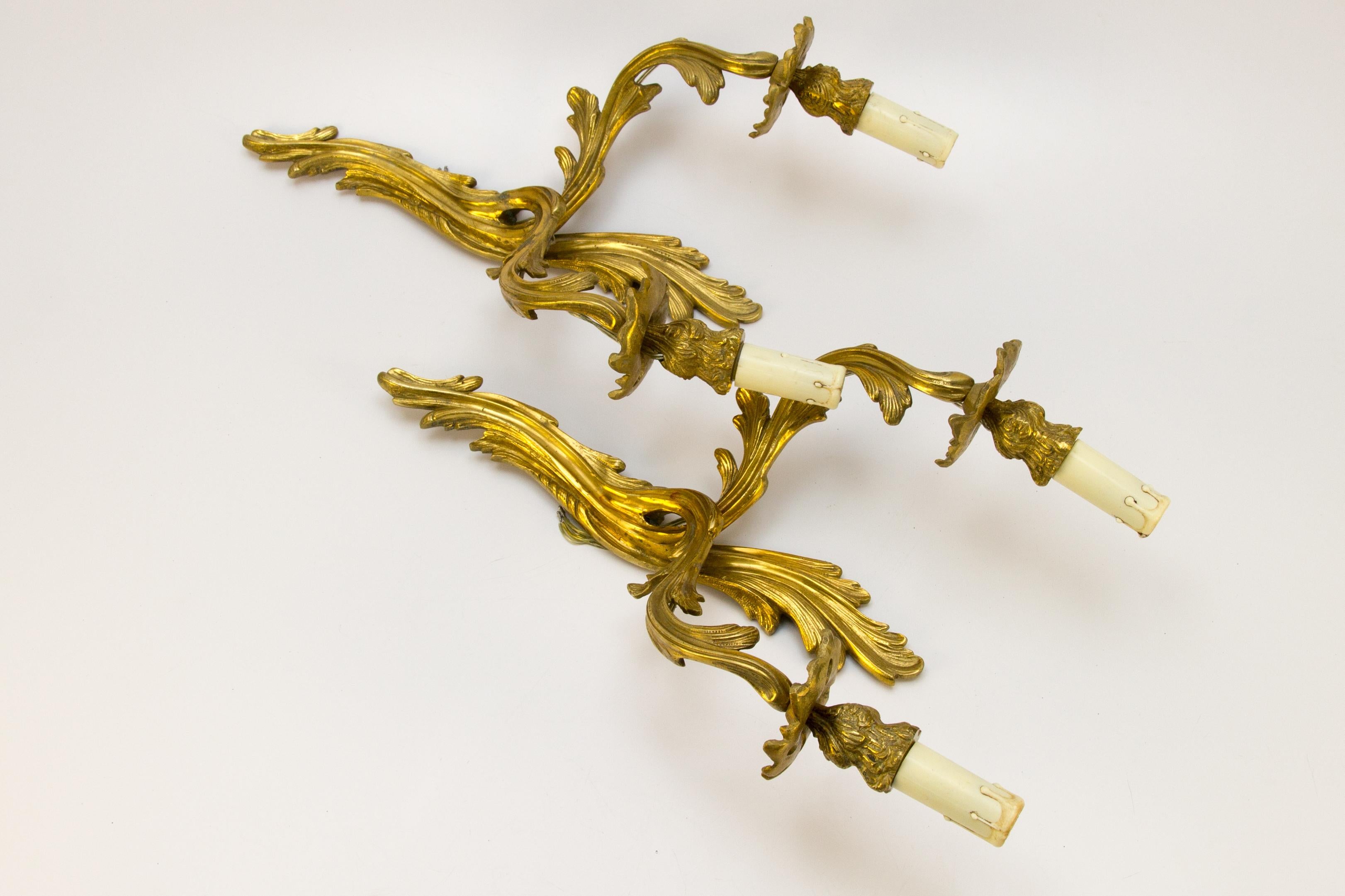 Pair of French Louis XV Style Two-Light Gilt Bronze Sconces, 1930s 8