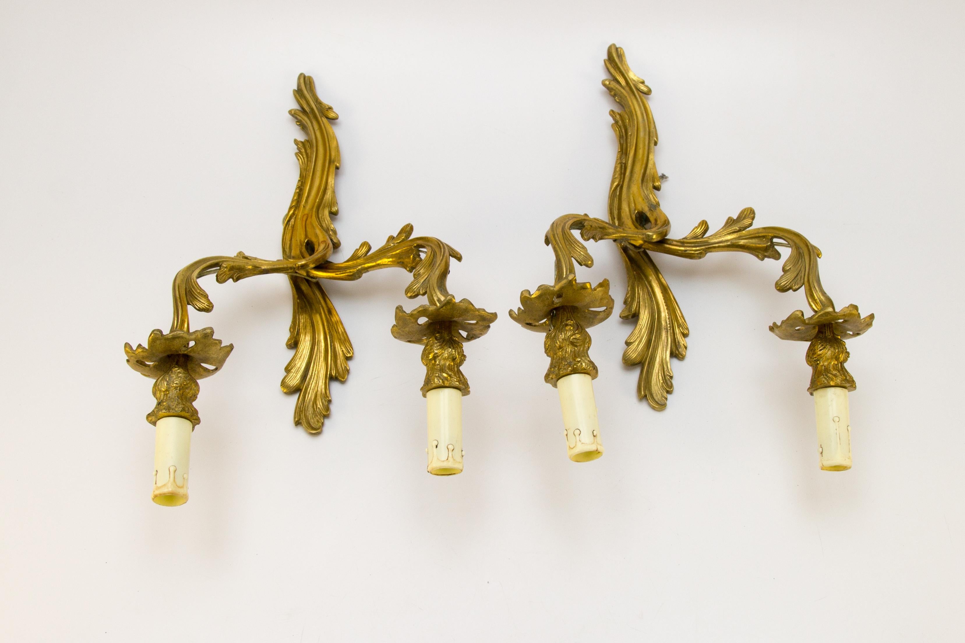 Pair of French Louis XV Style Two-Light Gilt Bronze Sconces, 1930s 9
