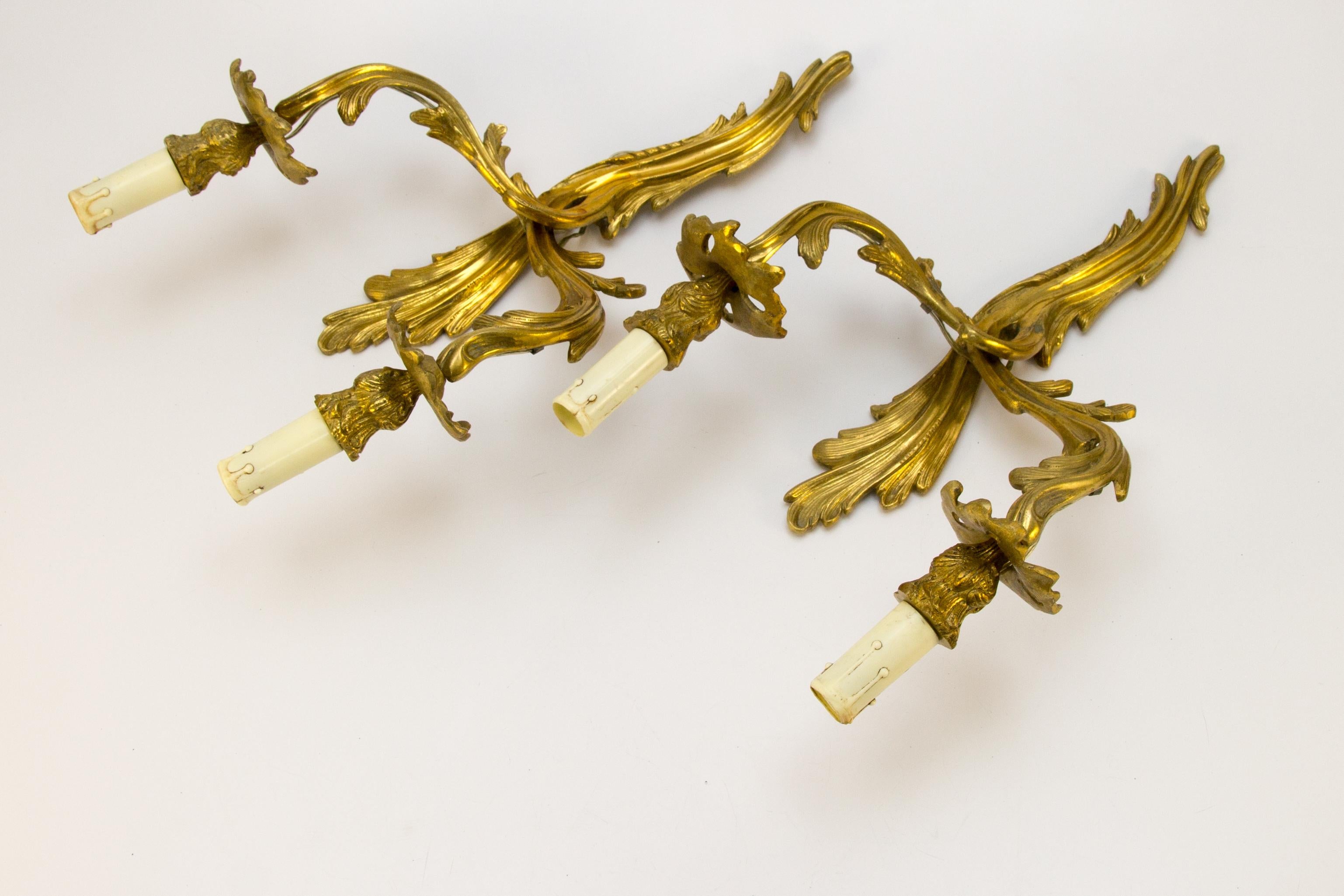 Pair of French Louis XV Style Two-Light Gilt Bronze Sconces, 1930s 10