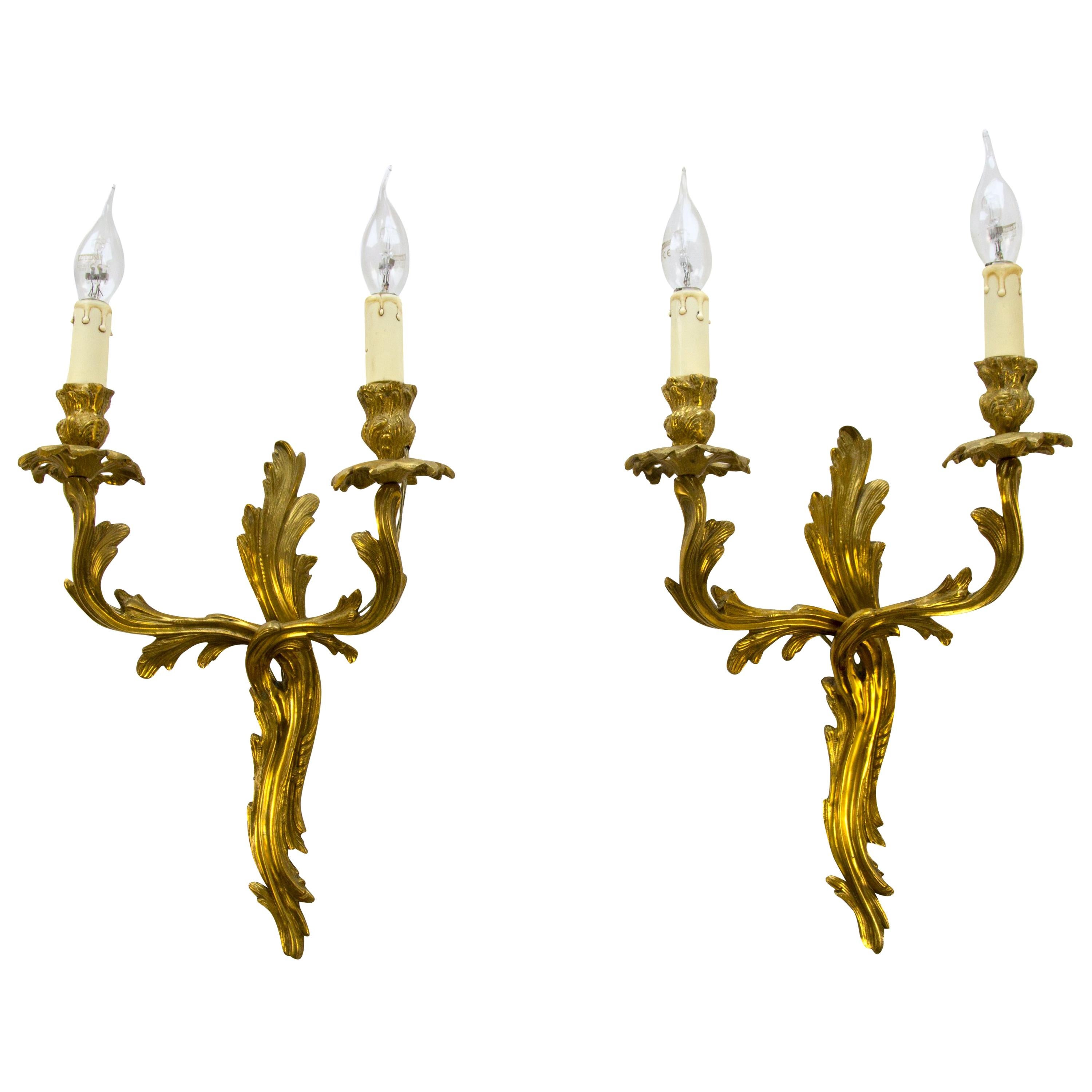 Pair of French Louis XV Style Two-Light Gilt Bronze Sconces, 1930s