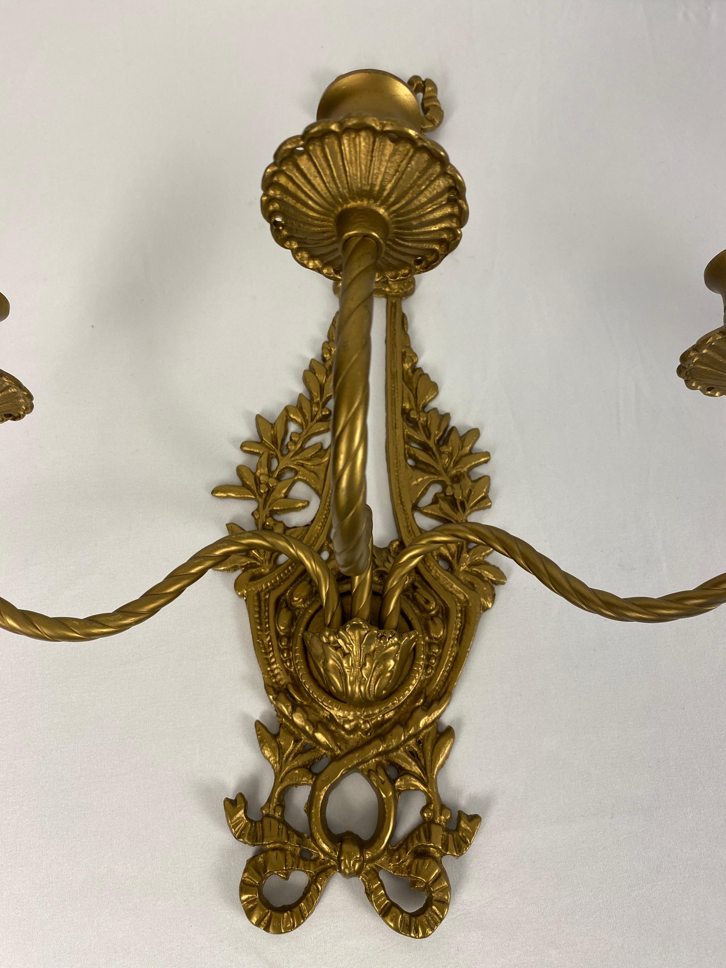 Pair of French Louis XV Style Gilt Bronze Three-Armed Sconces In Good Condition For Sale In Miami, FL
