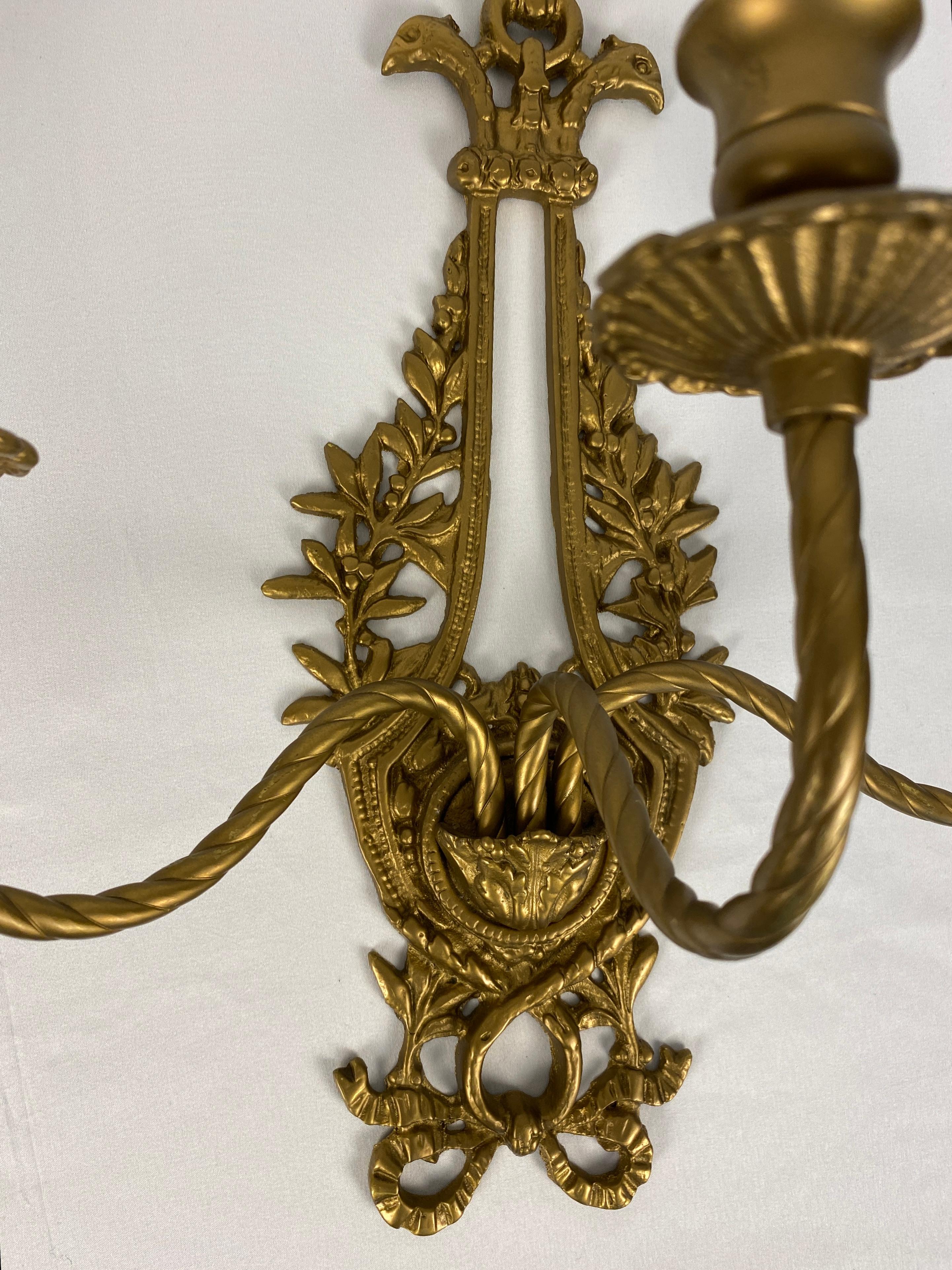 Pair of French Louis XV Style Gilt Bronze Three-Armed Sconces For Sale 1