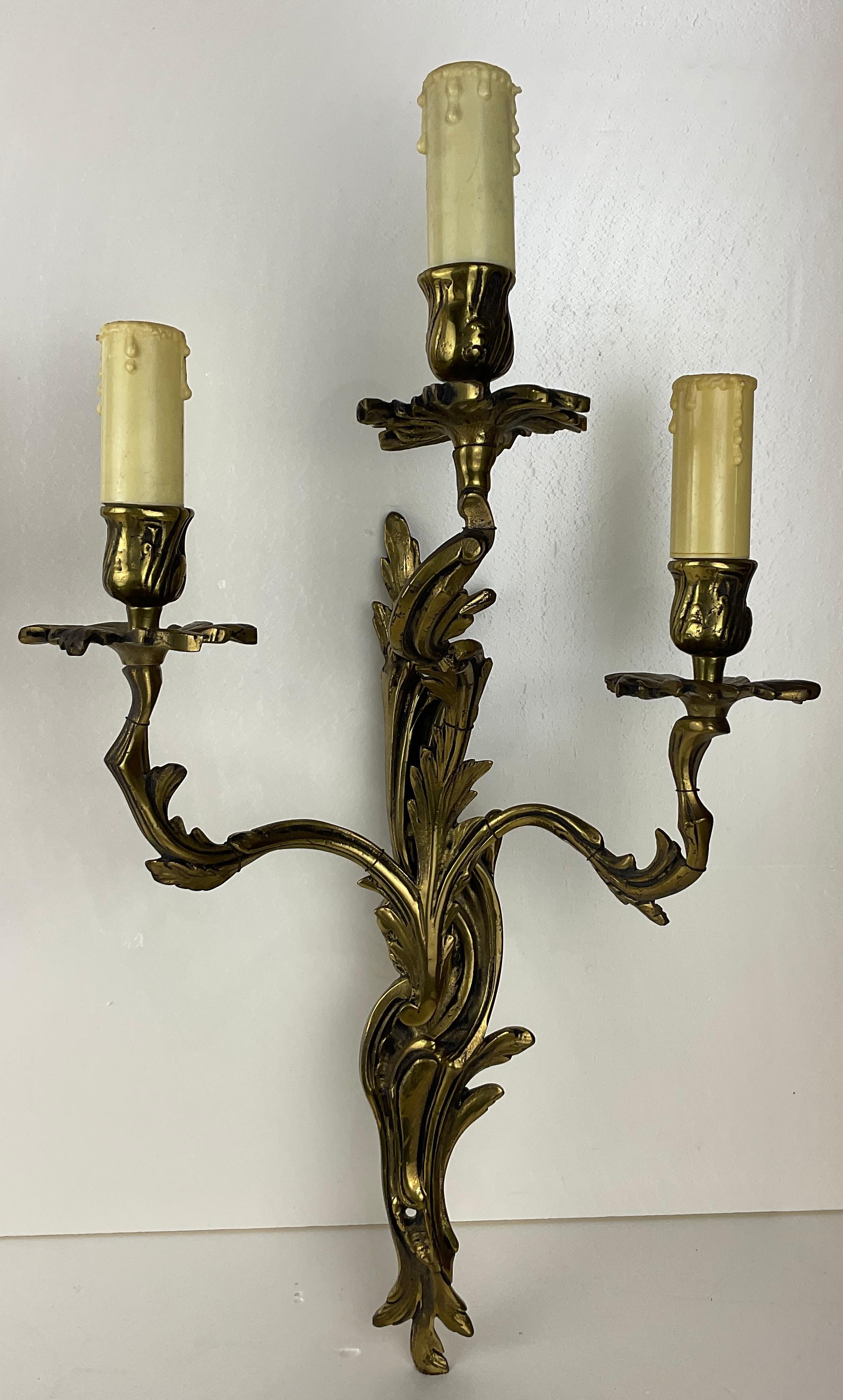 Pair of French Louis XV Style Gilt Bronze Three-Armed Sconces For Sale 2