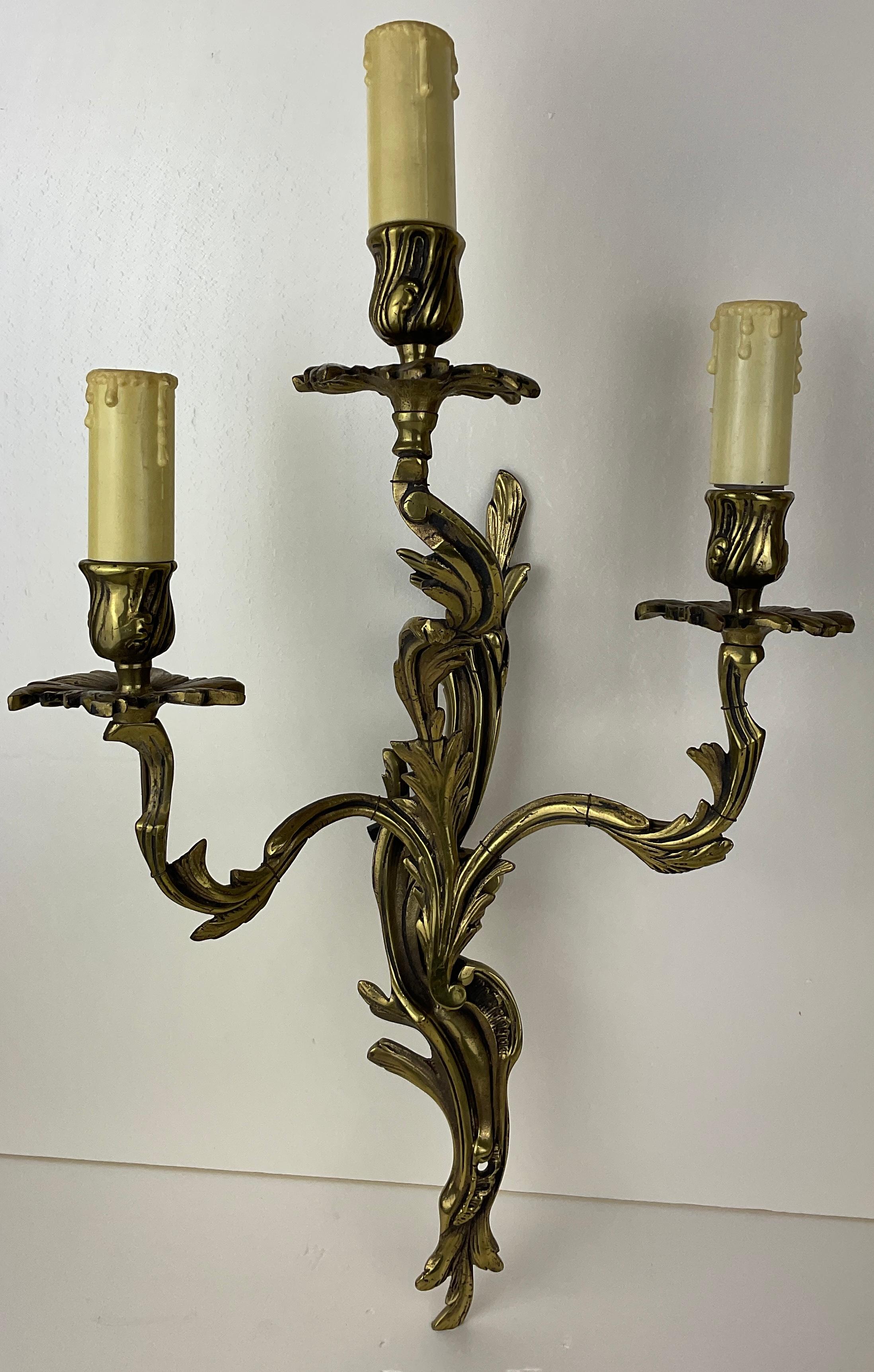 Pair of French Louis XV Style Gilt Bronze Three-Armed Sconces For Sale 3