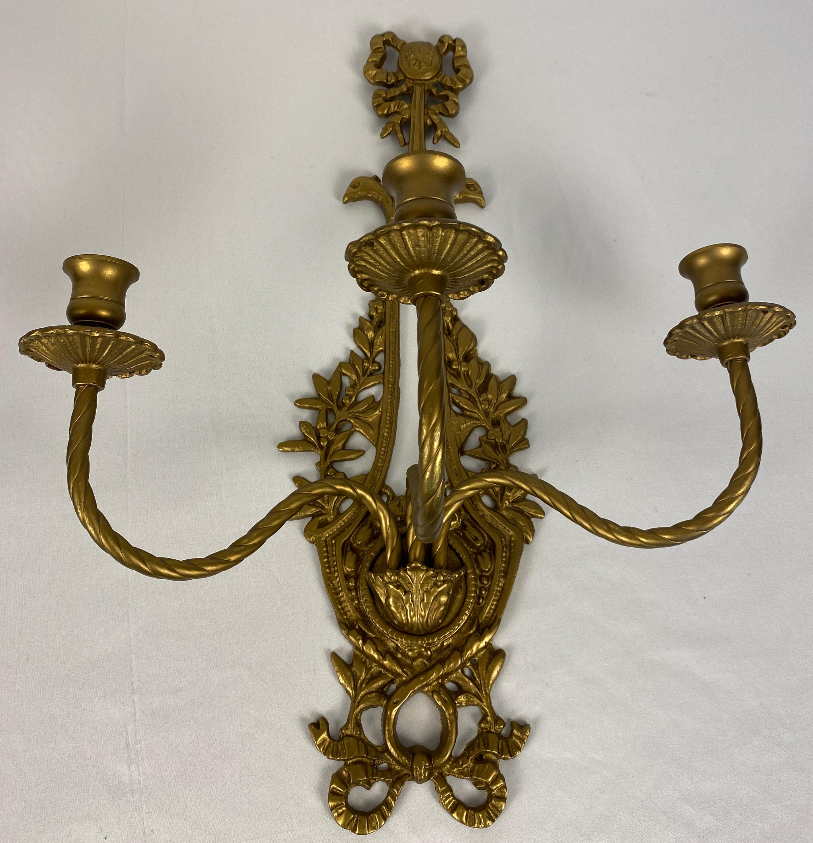 Pair of French Louis XV Style Gilt Bronze Three-Armed Sconces For Sale 4