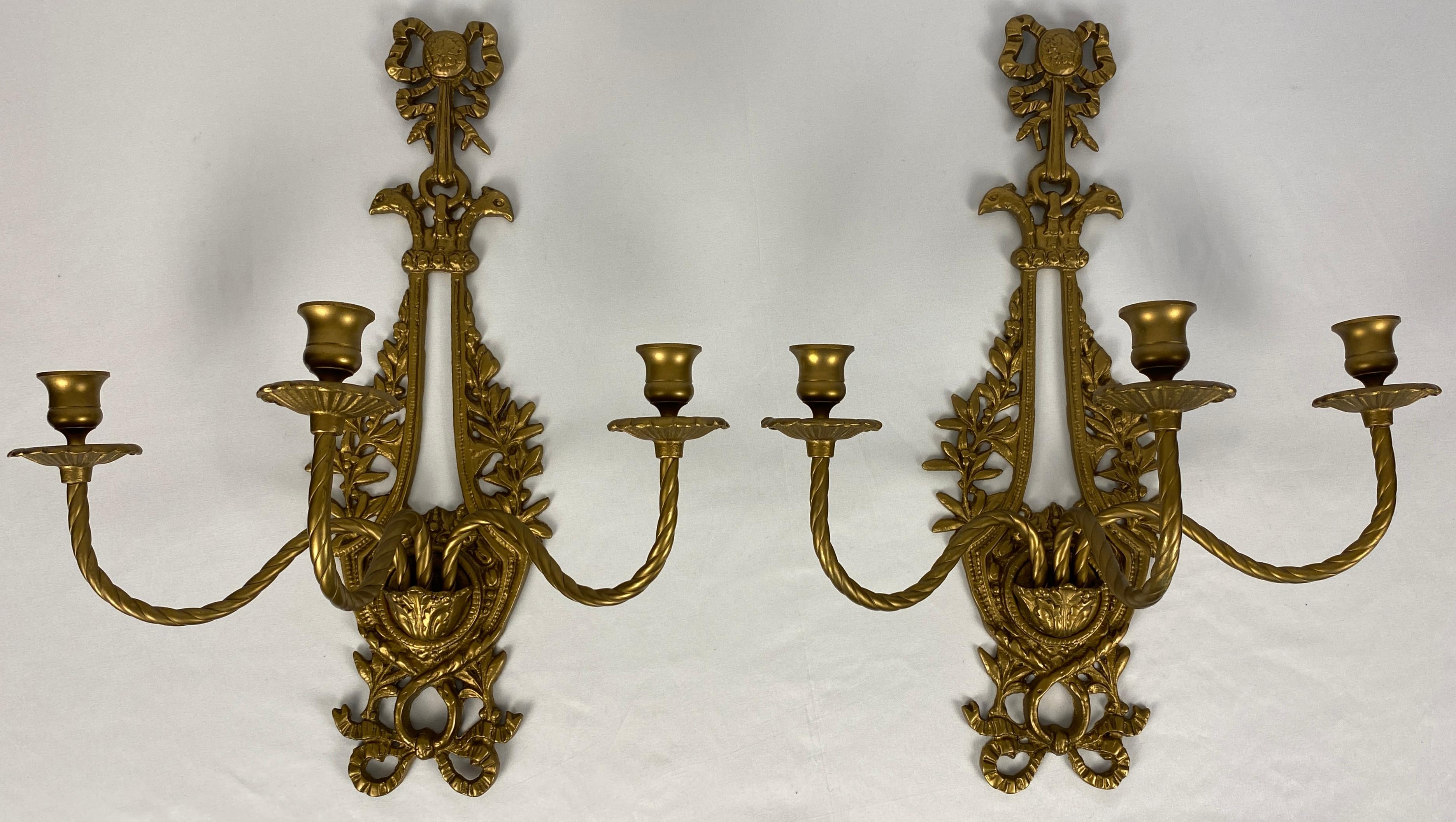 Pair of French Louis XV Style Gilt Bronze Three-Armed Sconces For Sale 5