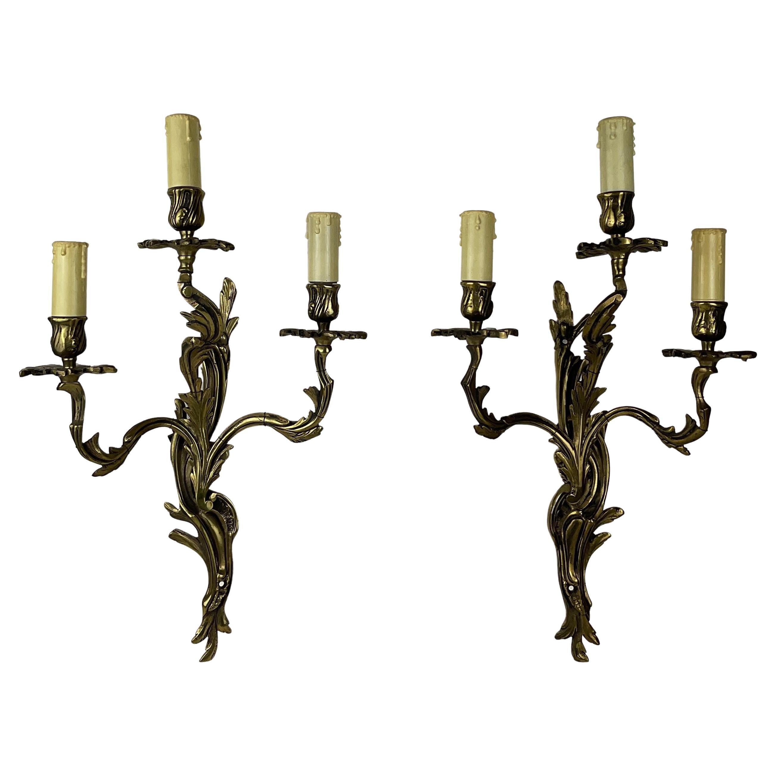 Pair of French Louis XV Style Gilt Bronze Three-Armed Sconces For Sale
