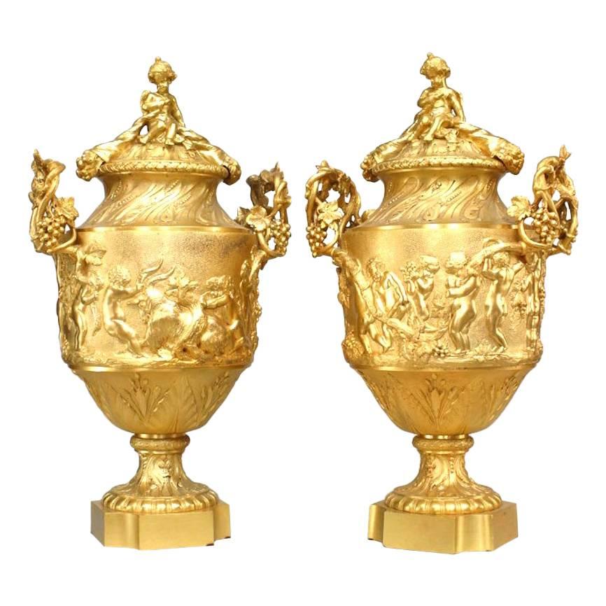 Pair of French Louis XV Style Gilt Bronze Urns For Sale