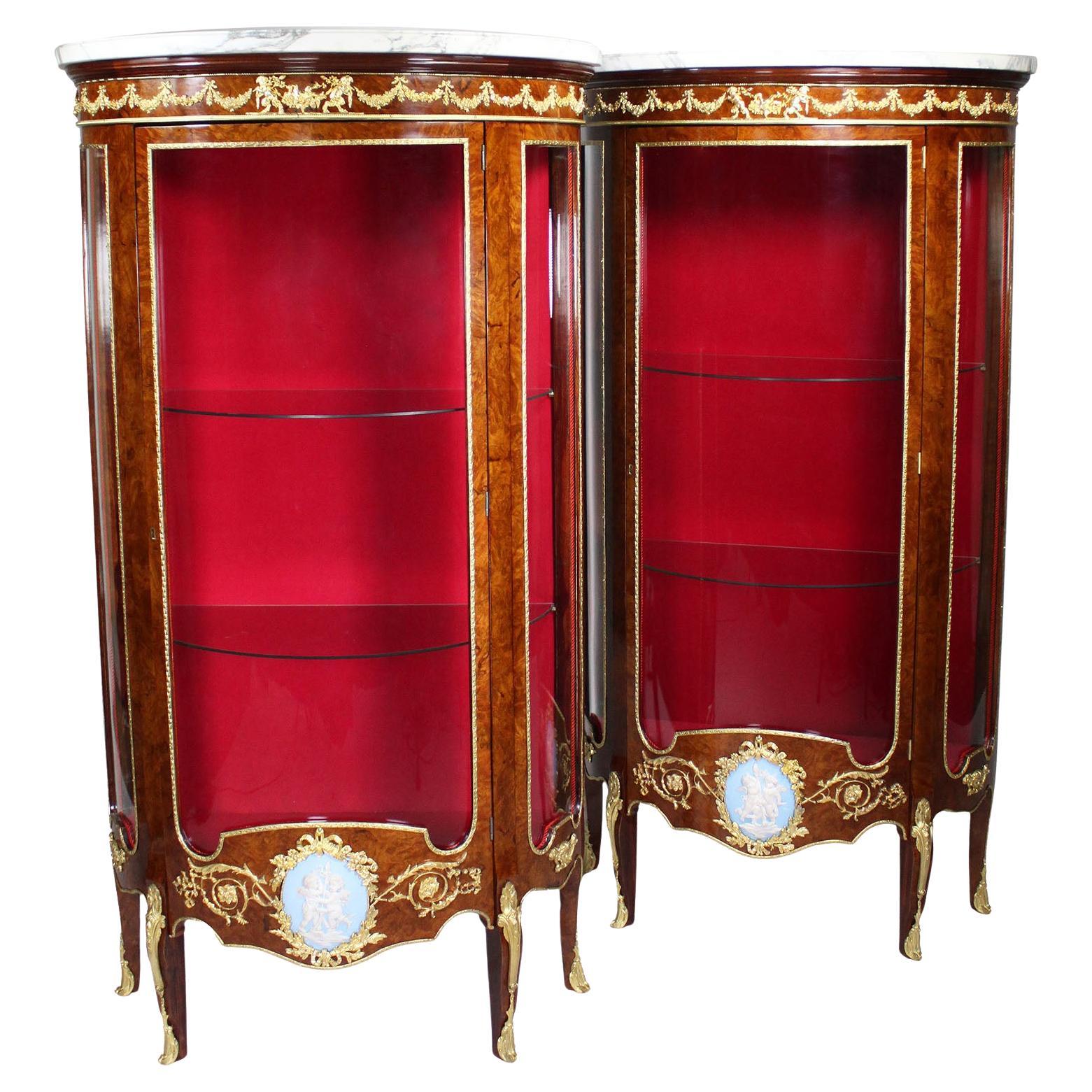 Pair of French Louis XV Style Gilt-Metal Jasperware Mounted Demi-Lune Vitrines For Sale