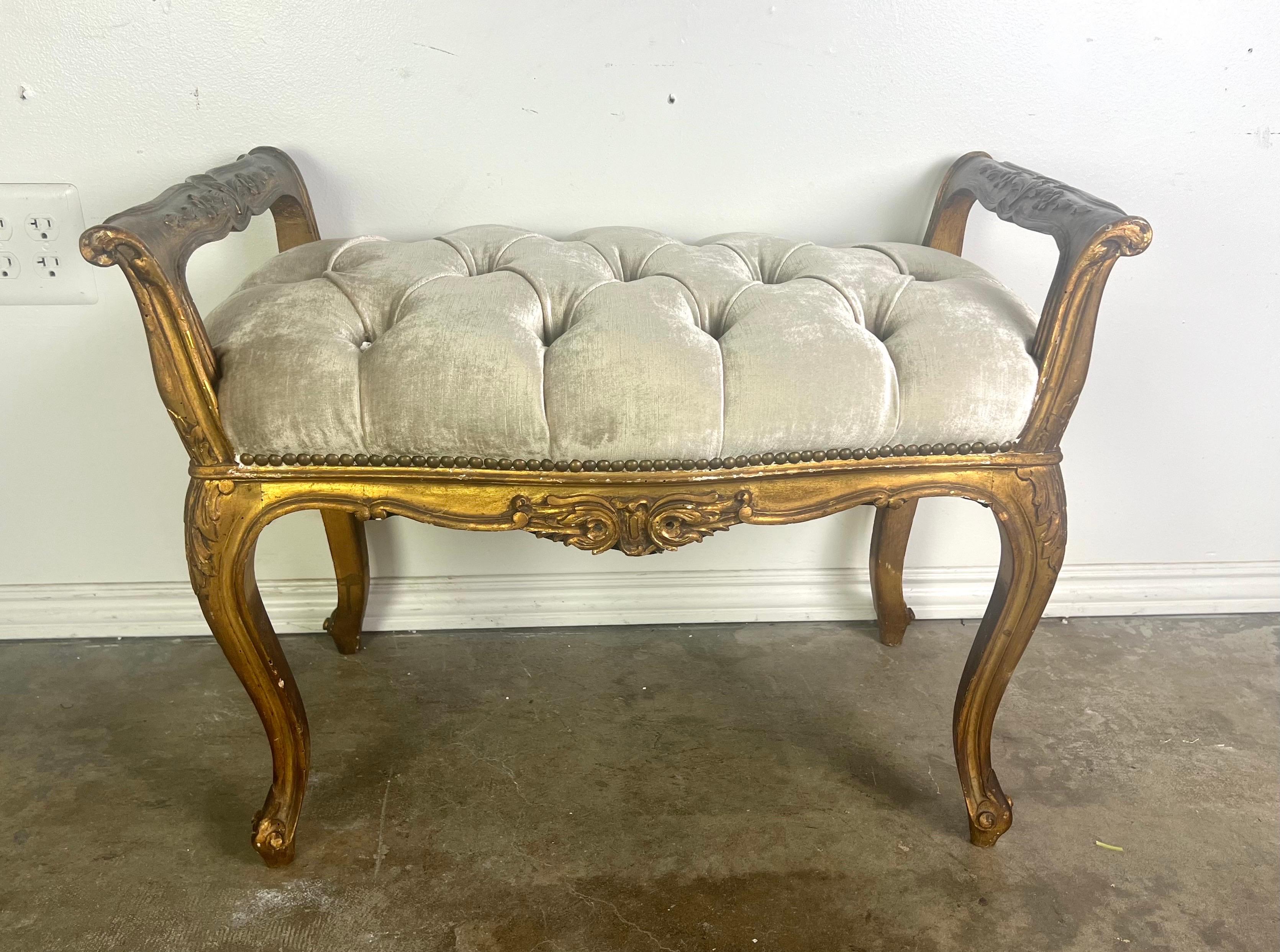 Velvet Pair of French Louis XV Style Gilt Wood Benches For Sale