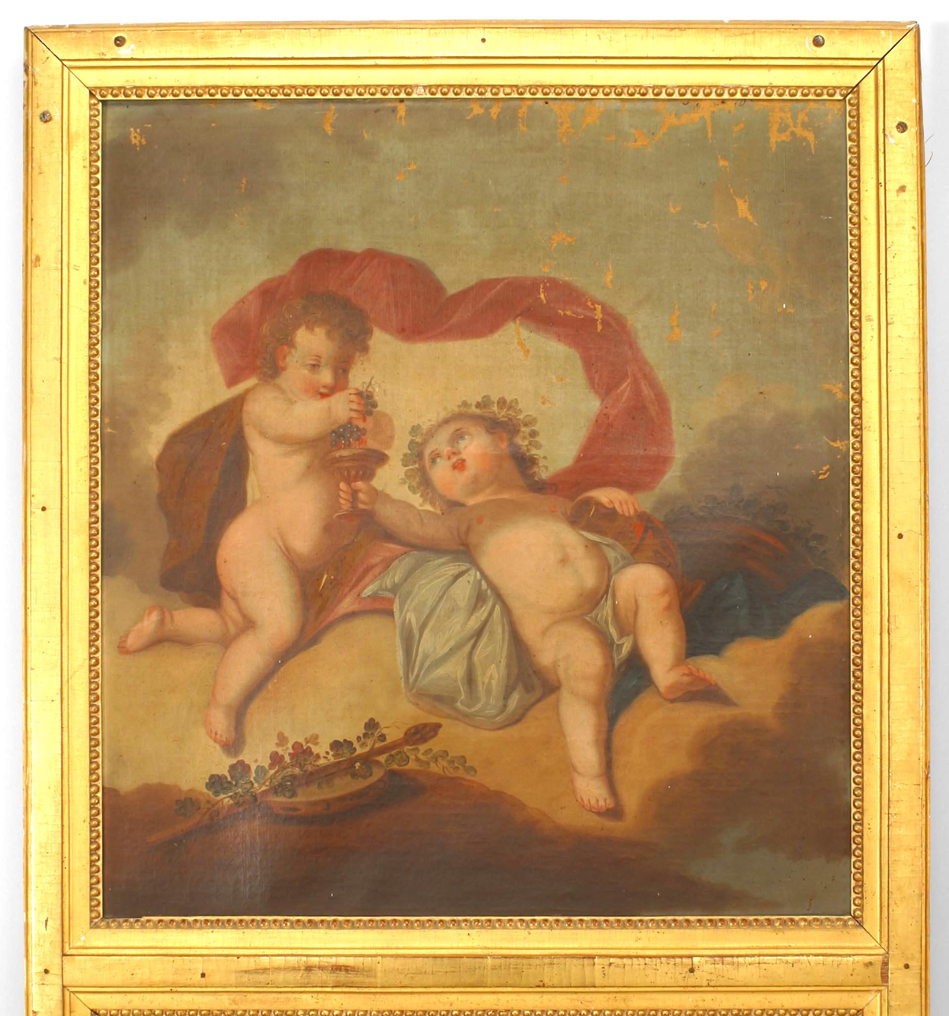 Paar Louis XV vergoldetes Holz Trumeau / Wandspiegel (Handbemalt) im Angebot