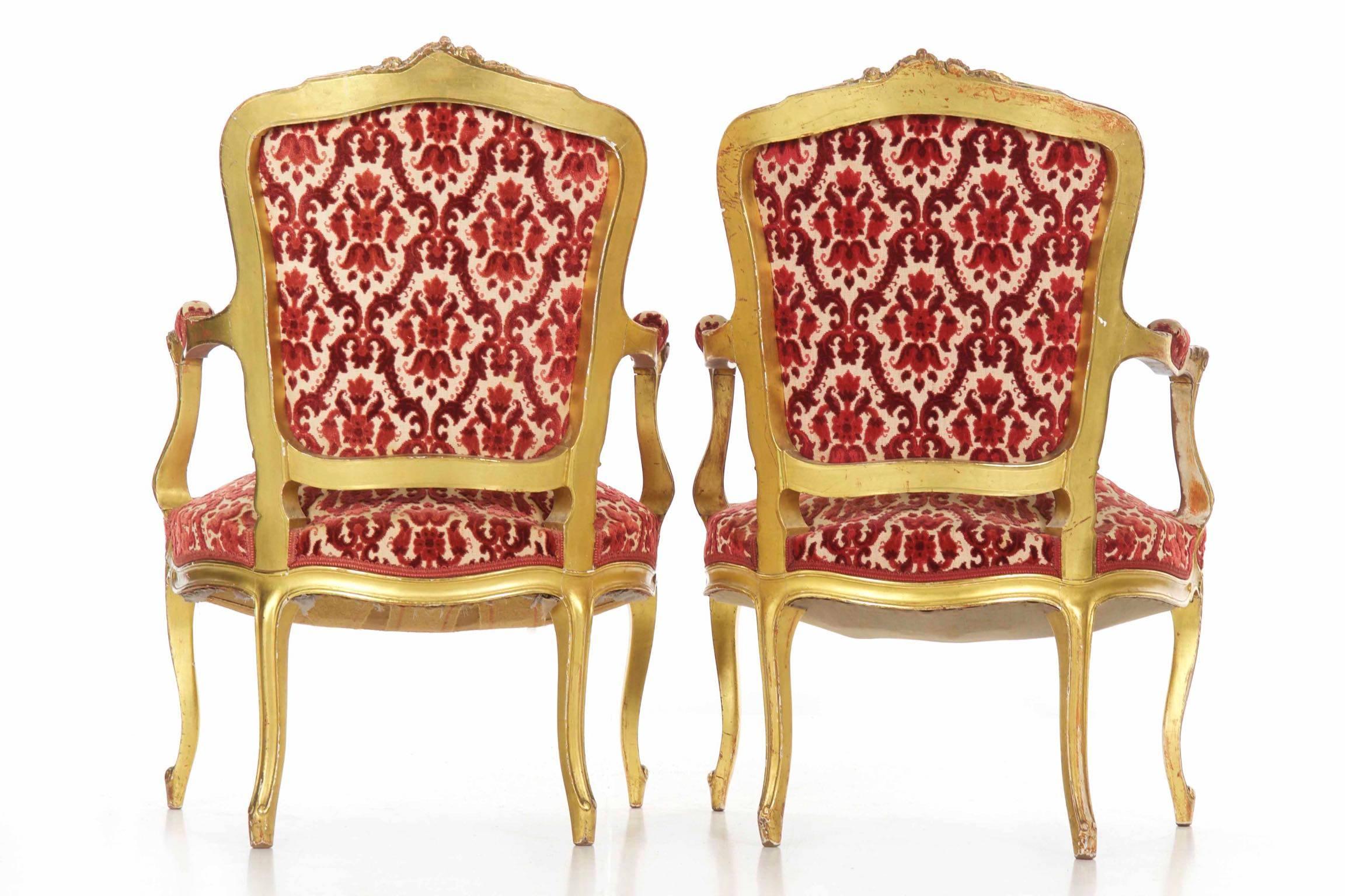 Pair of French Louis XV Style Giltwood Antique Armchairs Fauteuils, circa 1900 8