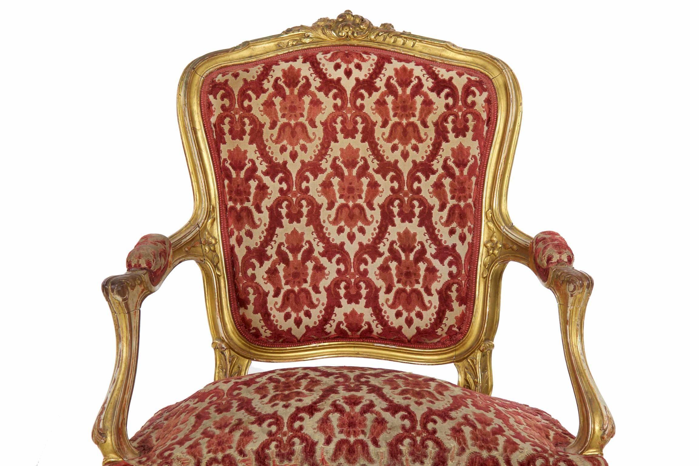 Hand-Carved Pair of French Louis XV Style Giltwood Antique Armchairs Fauteuils, circa 1900