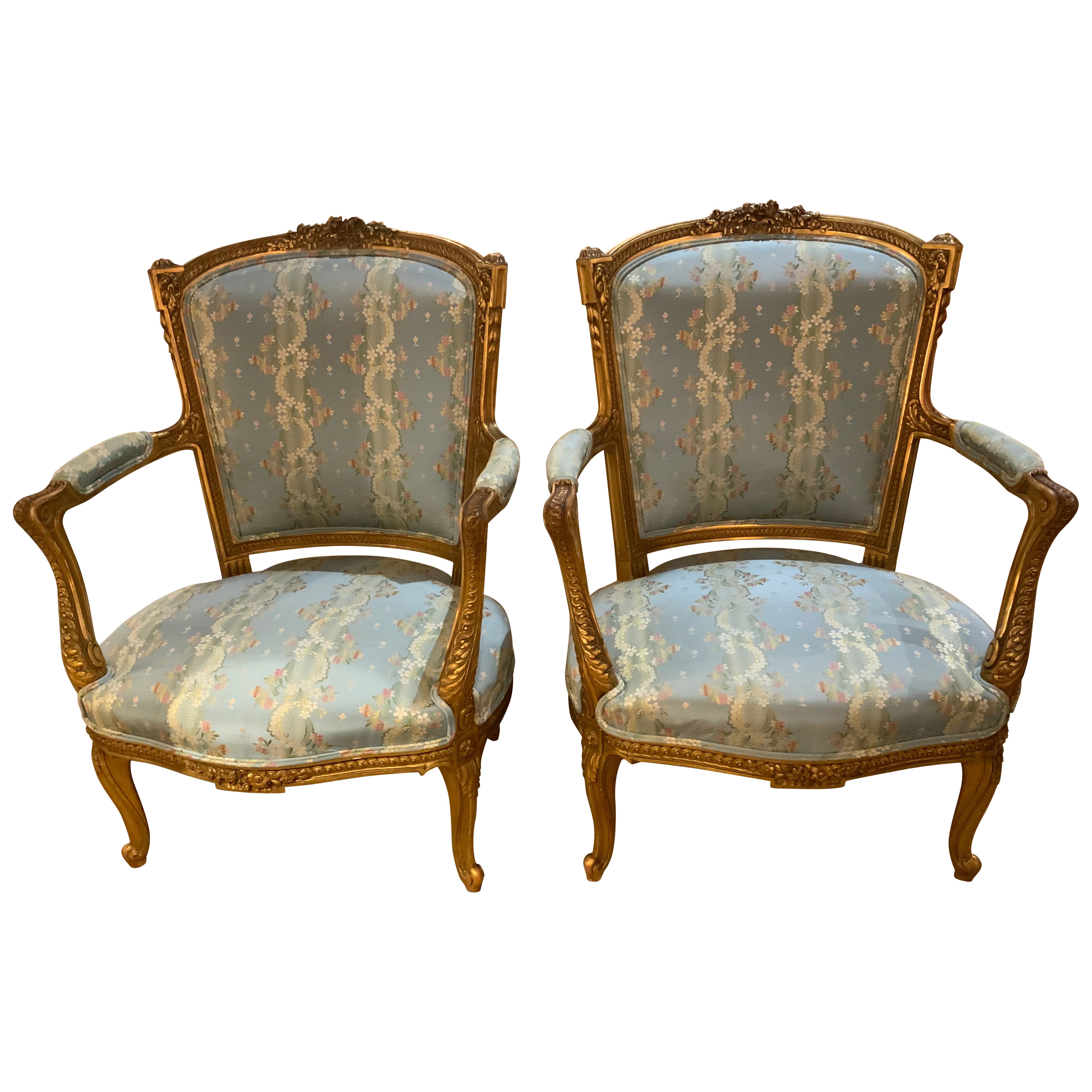 Pair of French Louis XV Style Giltwood Arm Chairs/Fauteuils