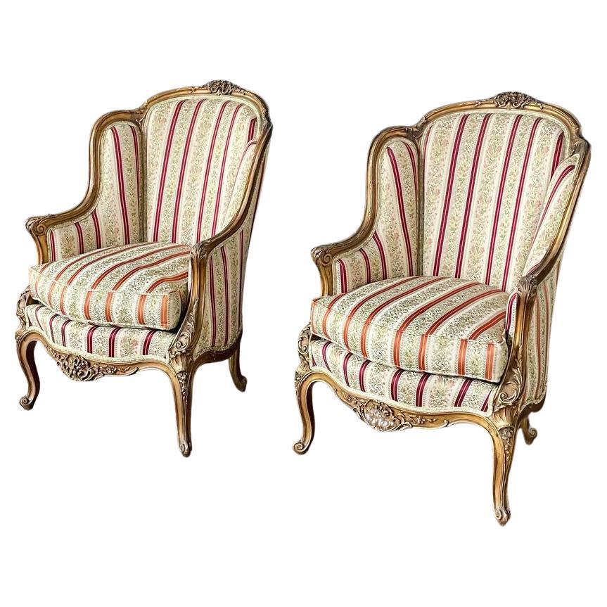 Pair of French Louis XV Style Giltwood Bergère Armchairs