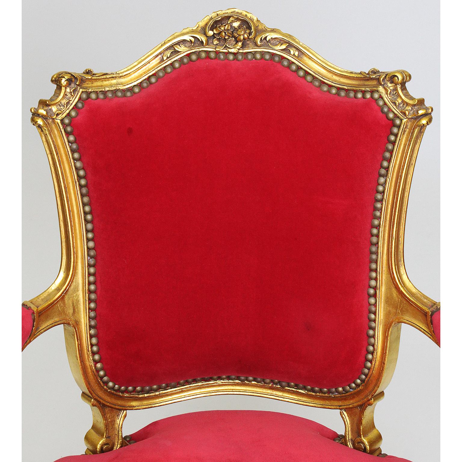 Pair of French Louis XV style Giltwood Carved Rococo Fauteuils, Armchairs In Good Condition For Sale In Los Angeles, CA