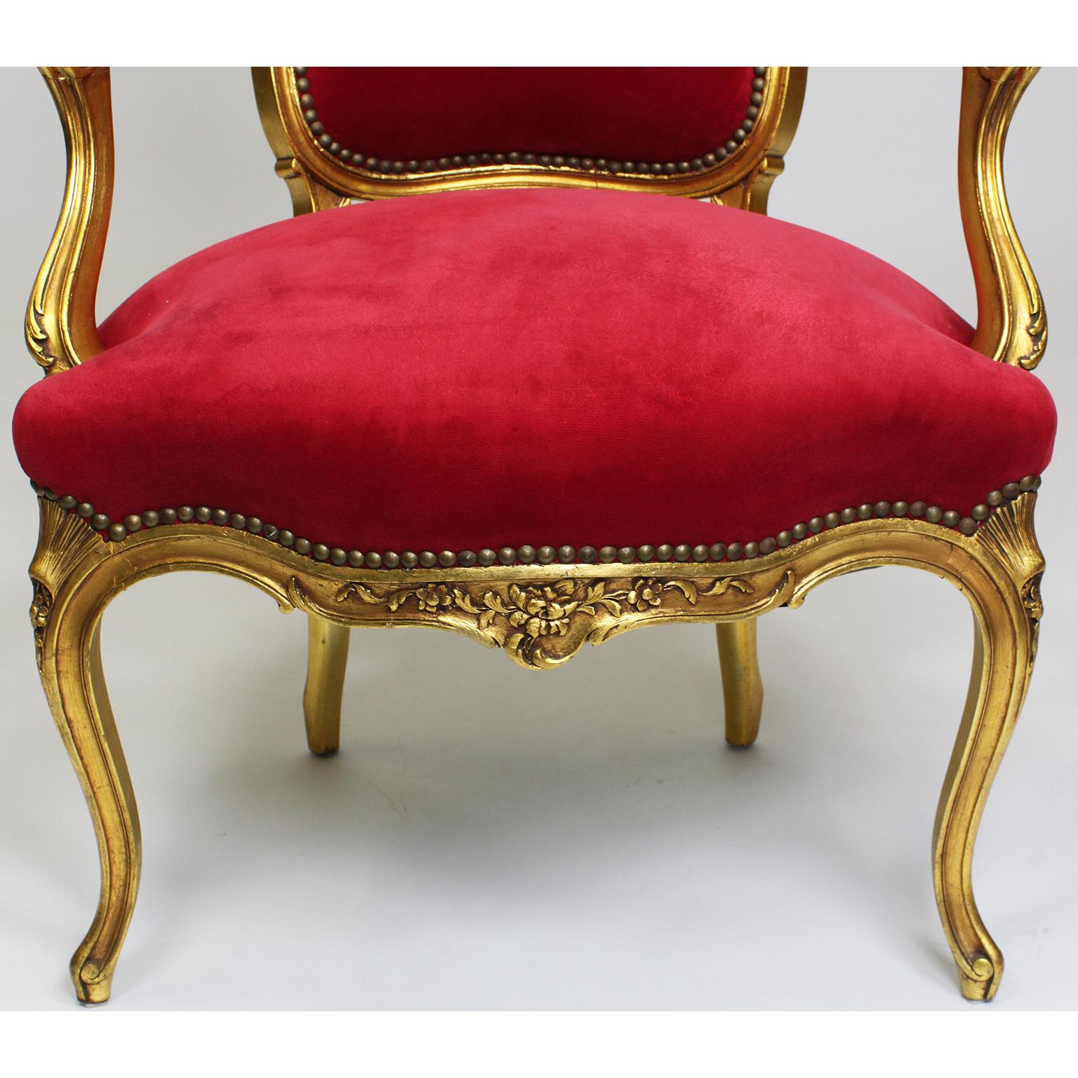 20th Century Pair of French Louis XV style Giltwood Carved Rococo Fauteuils, Armchairs For Sale
