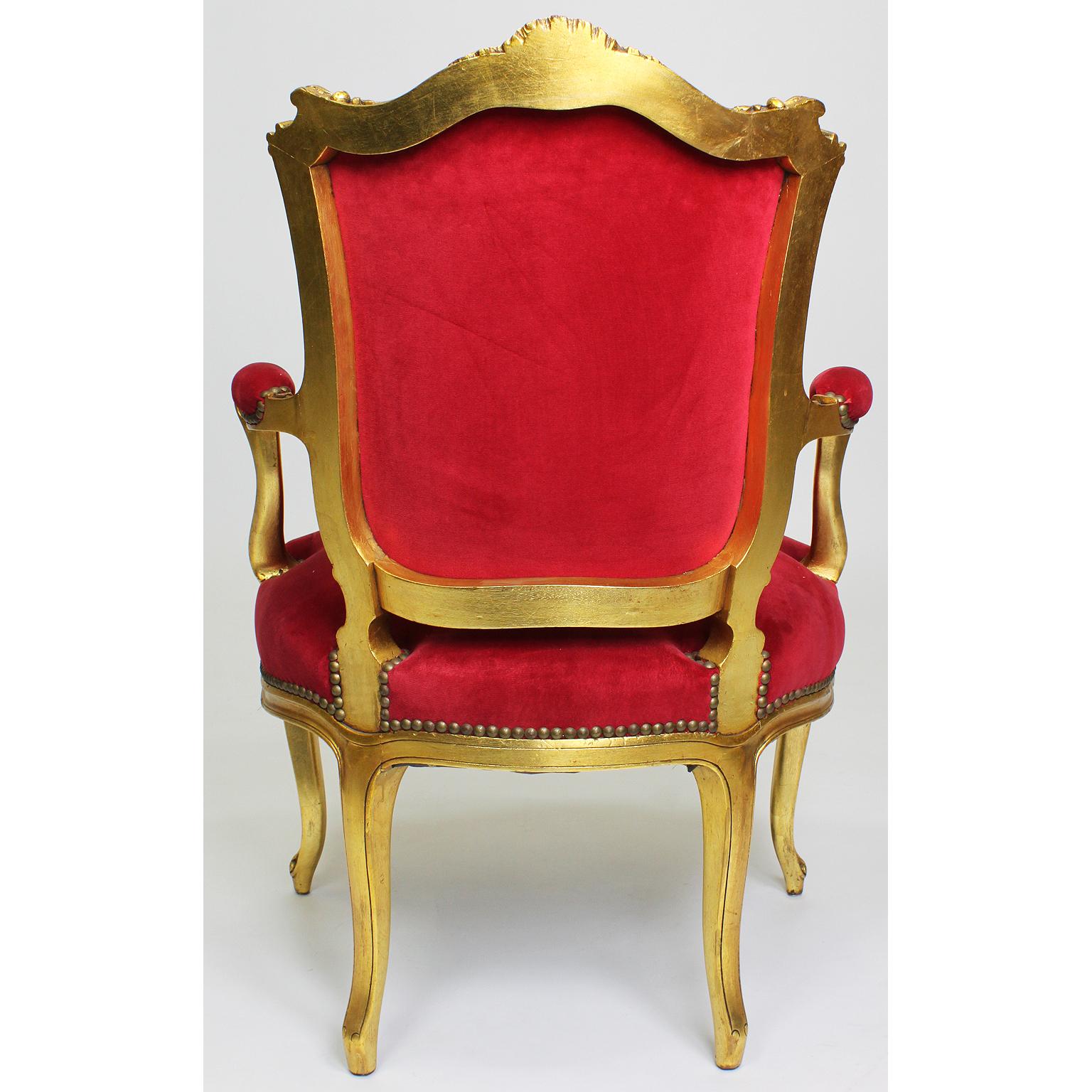 Velvet Pair of French Louis XV style Giltwood Carved Rococo Fauteuils, Armchairs For Sale
