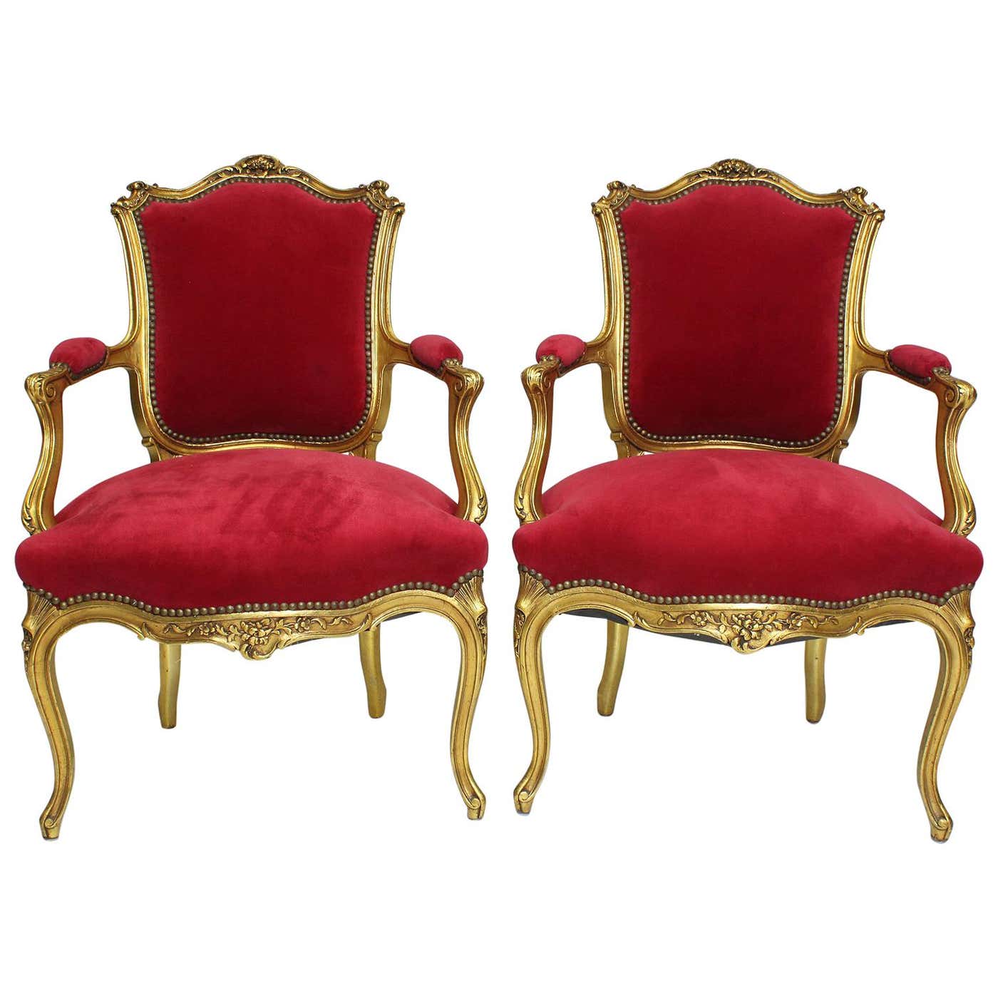 Pair of French Louis XV style Giltwood Carved Rococo Fauteuils ...