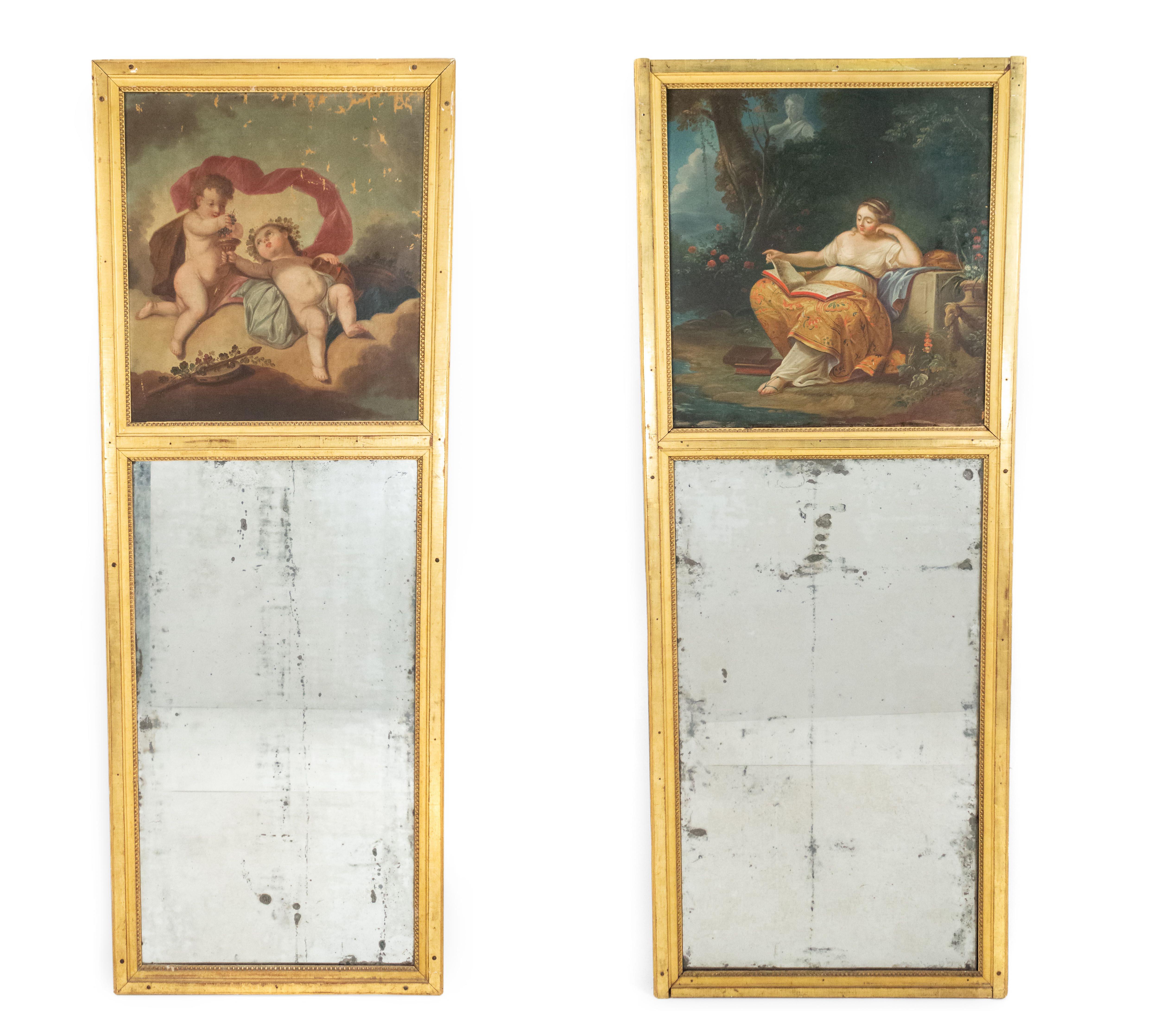Pair of French Louis XV (18th Century) giltwood trumeau / wall mirrors with oil painting panel inserts depicting cherubs and a seated woman in a garden with original glass lower panels. (PRICED AS Pair)
